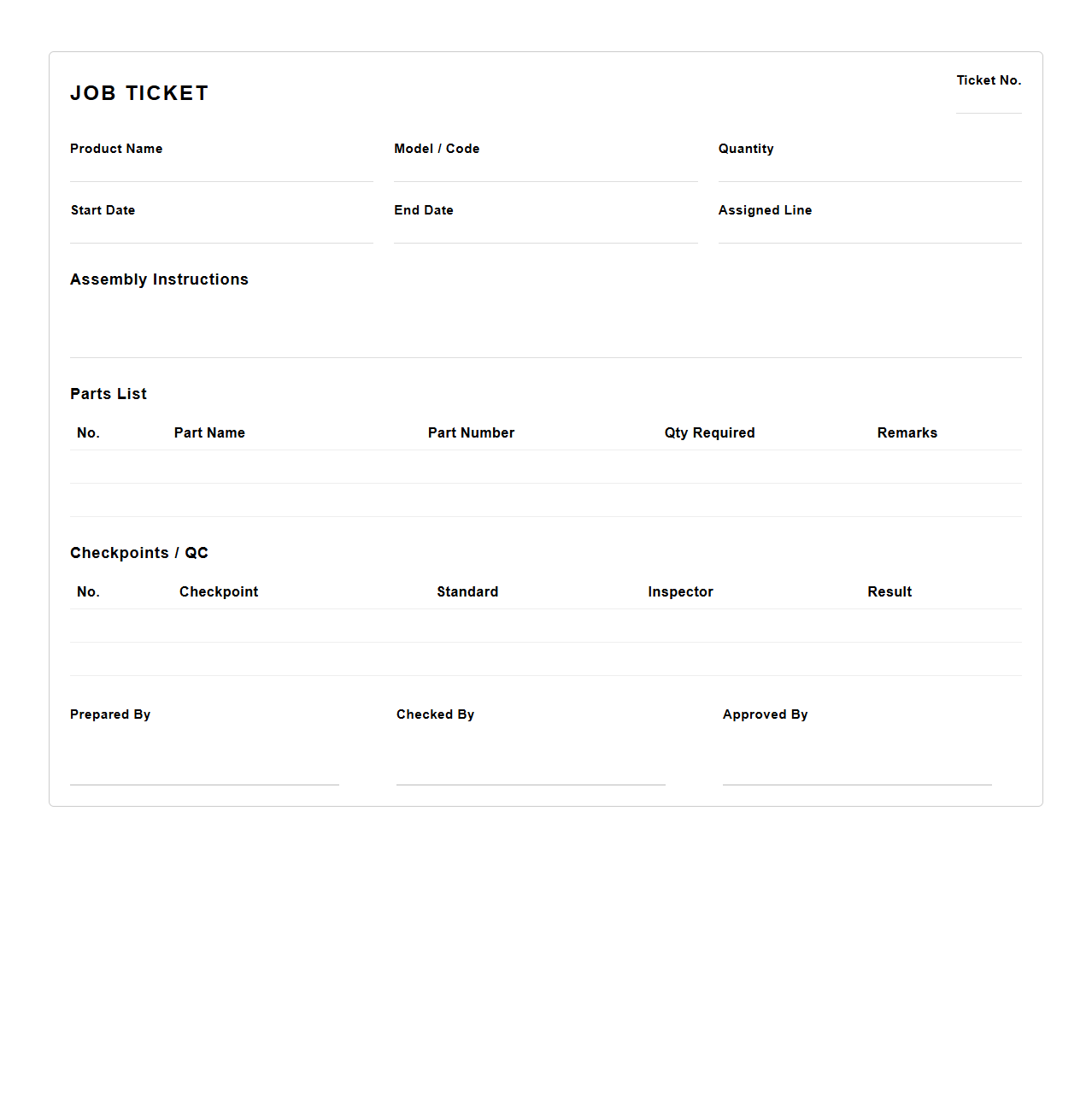 Job Ticket Template for Assembly Line Management