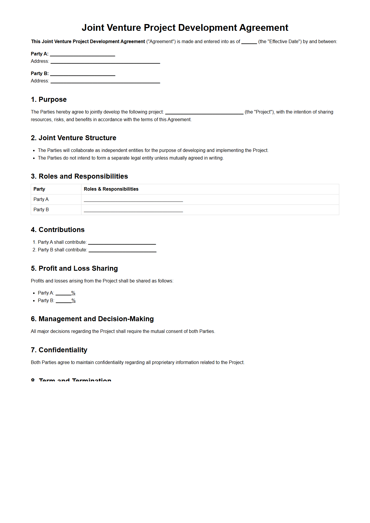 Joint Venture Project Development Agreement Sample