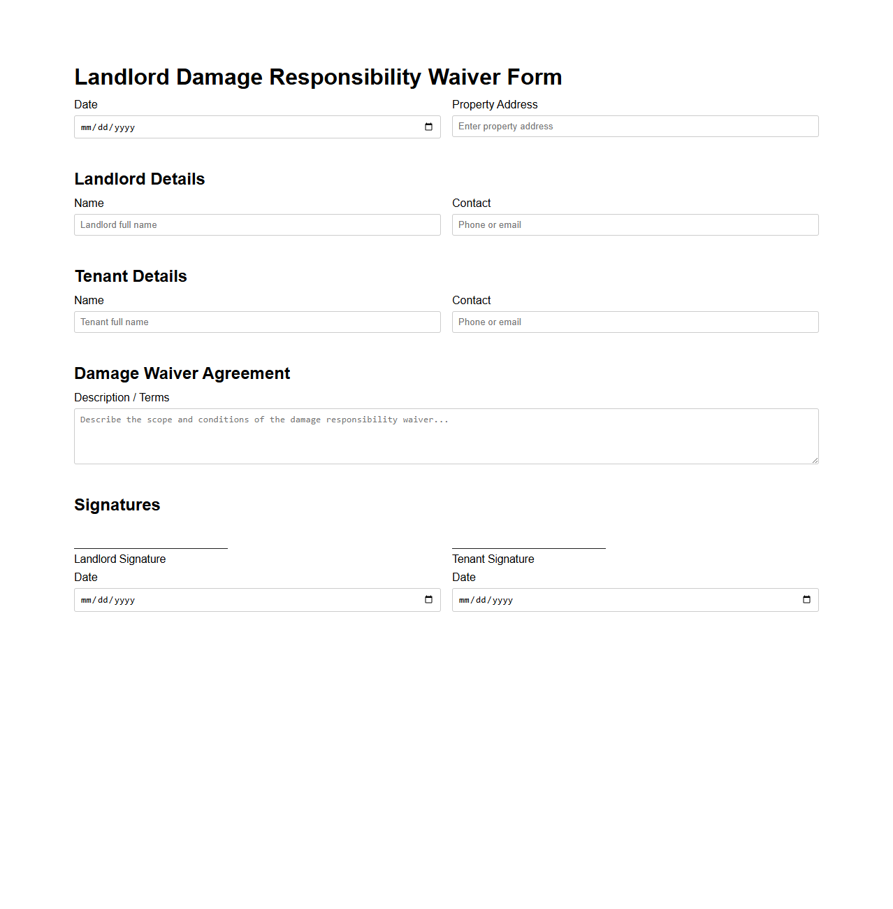 Landlord Damage Responsibility Waiver Form