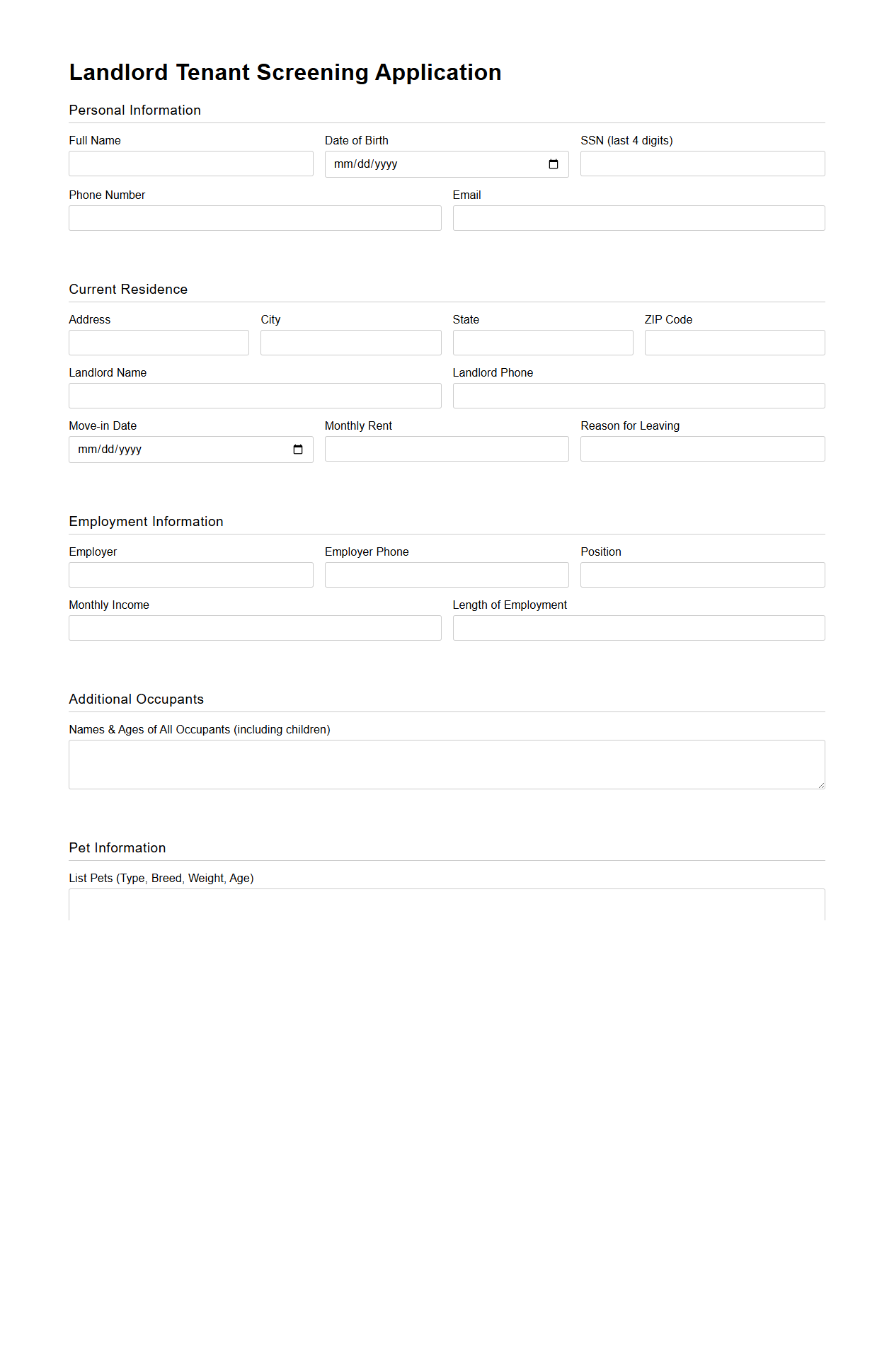 Landlord Tenant Screening Application Format