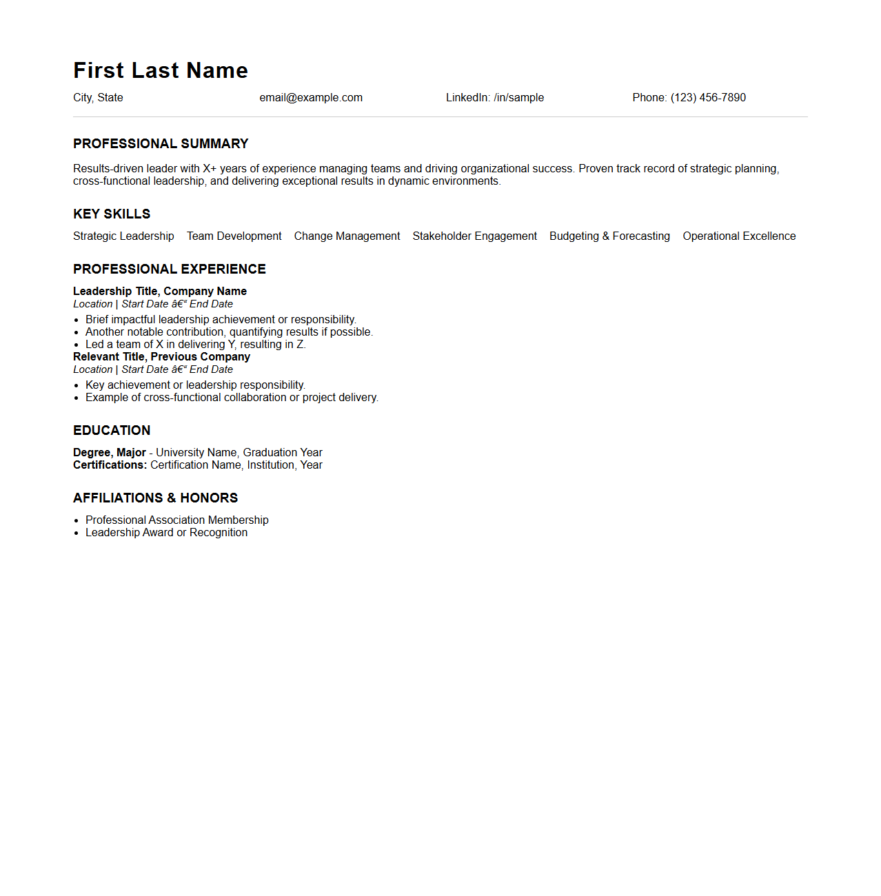 Leadership Position Resume Framework