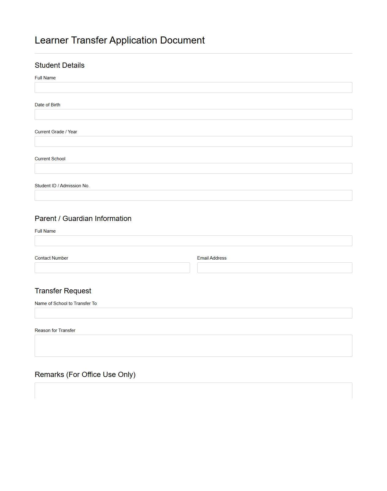 Learner Transfer Application Document Template