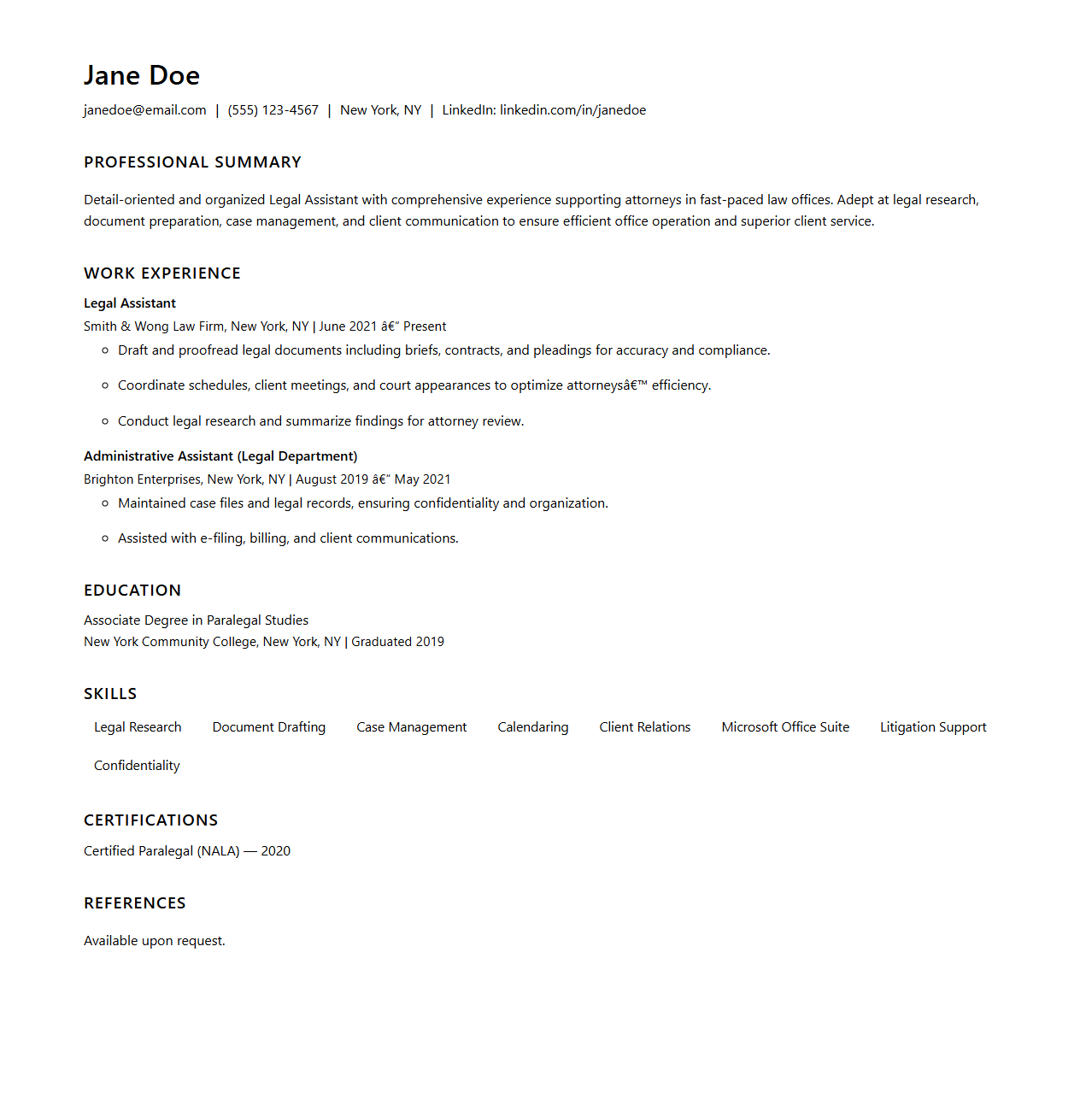 Legal Assistant Resume Template for Law Office Positions