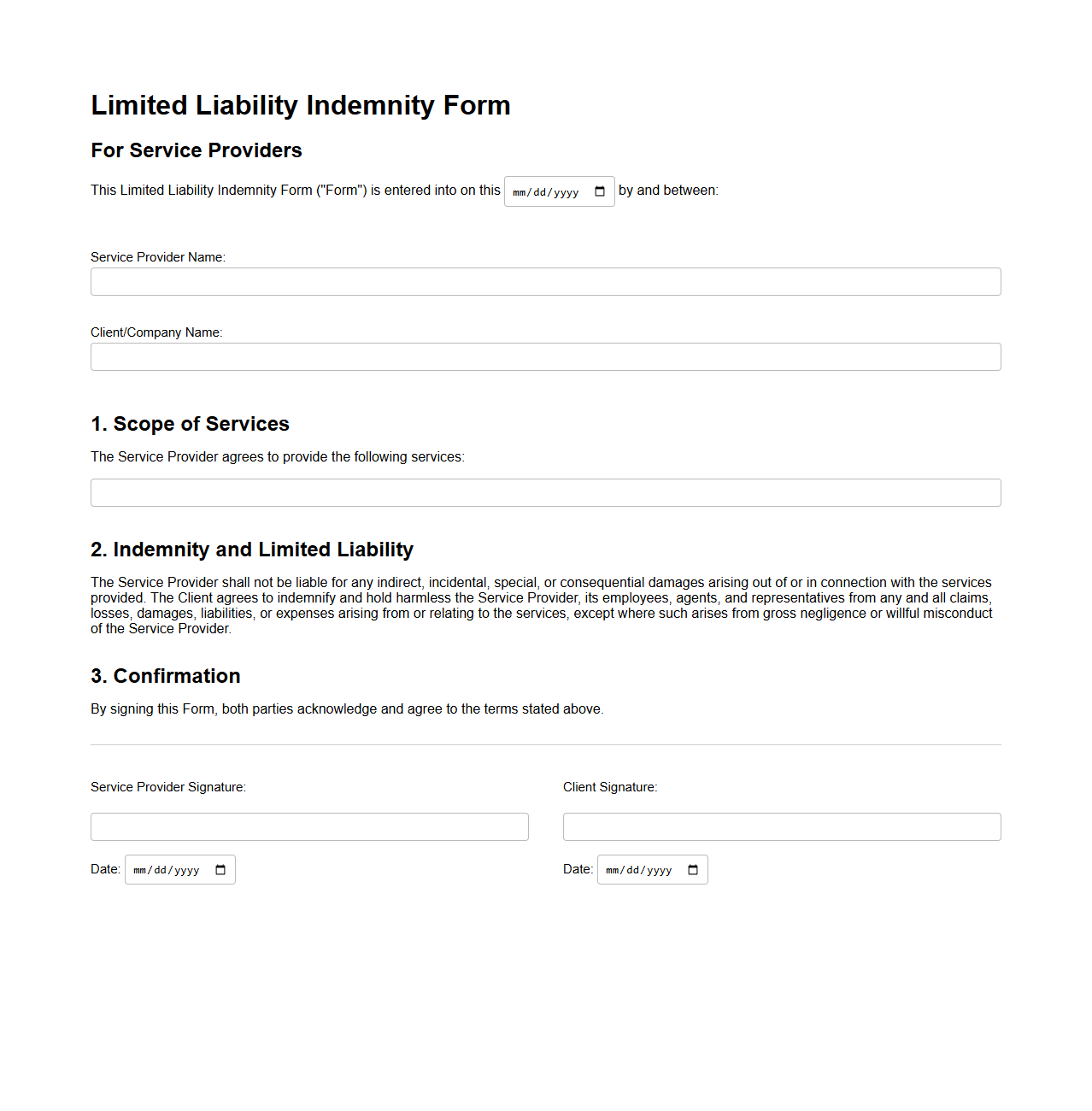 Limited Liability Indemnity Form for Service Providers