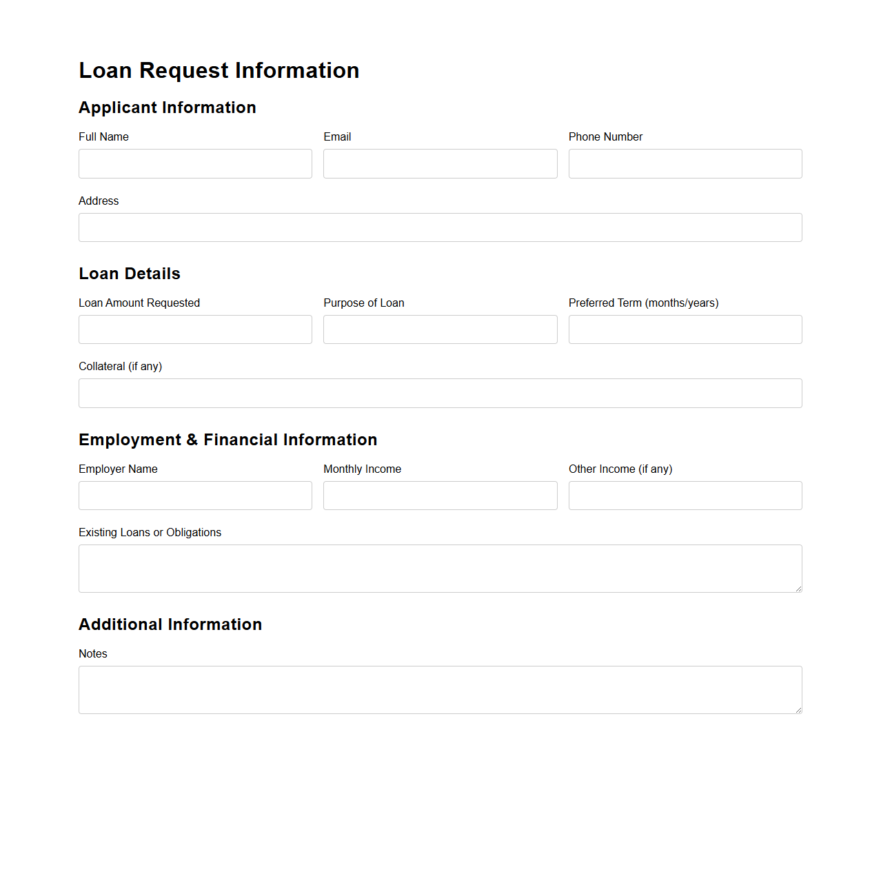 Loan Request Information Template