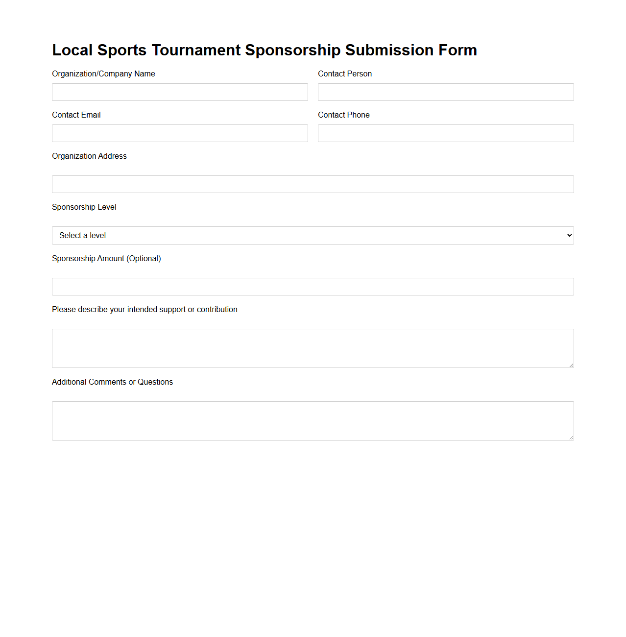 Local Sports Tournament Sponsorship Submission Form
