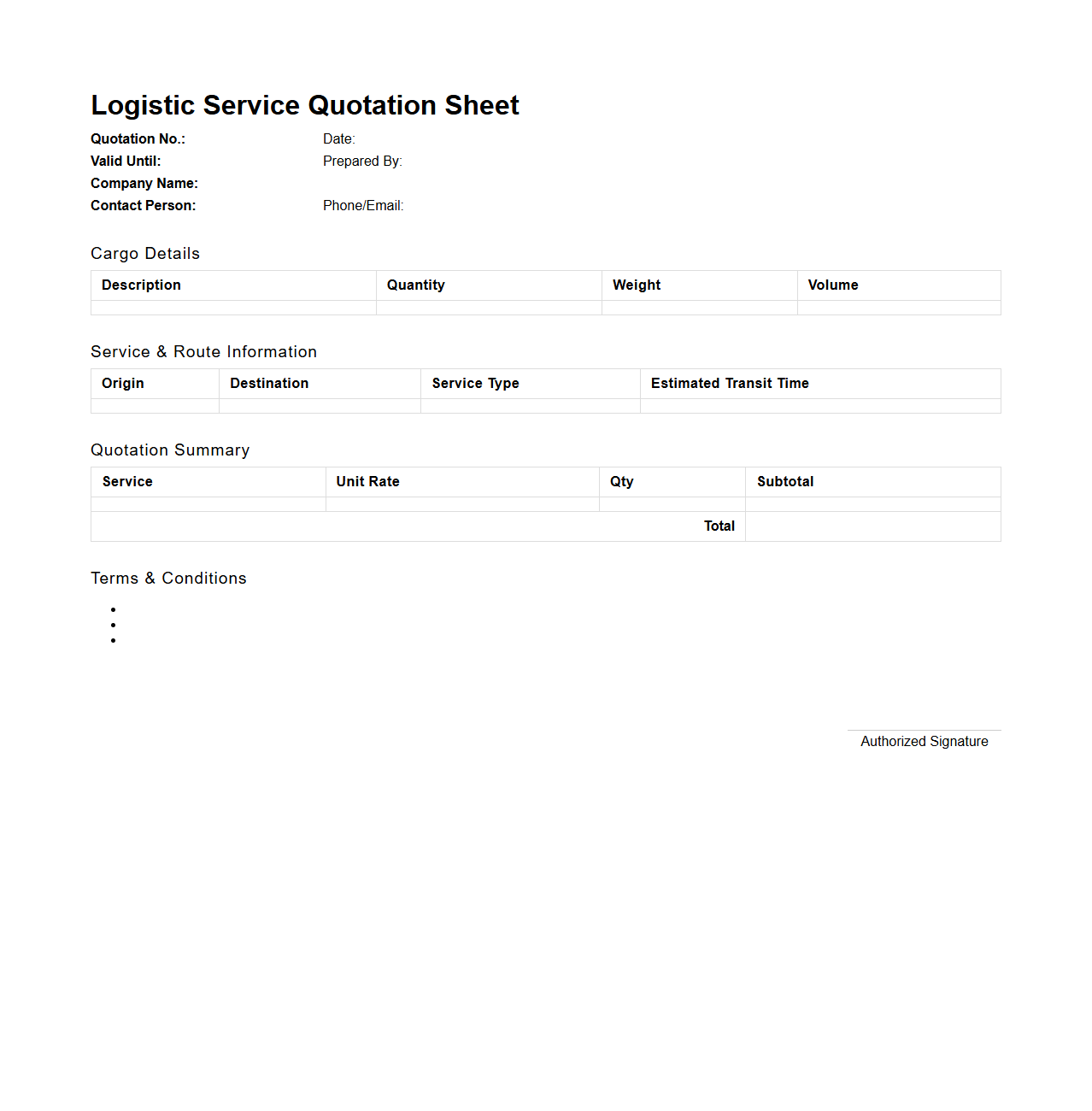 Logistic Service Quotation Sheet