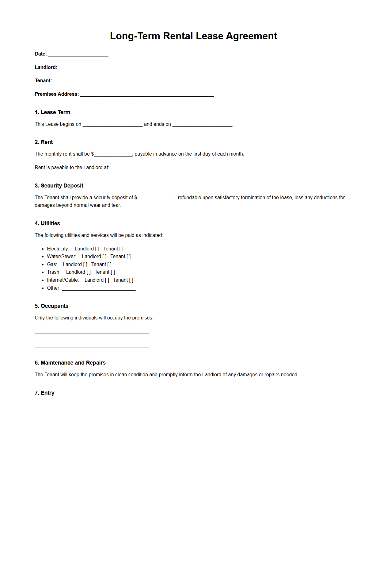 Long-Term Rental Lease Agreement Document