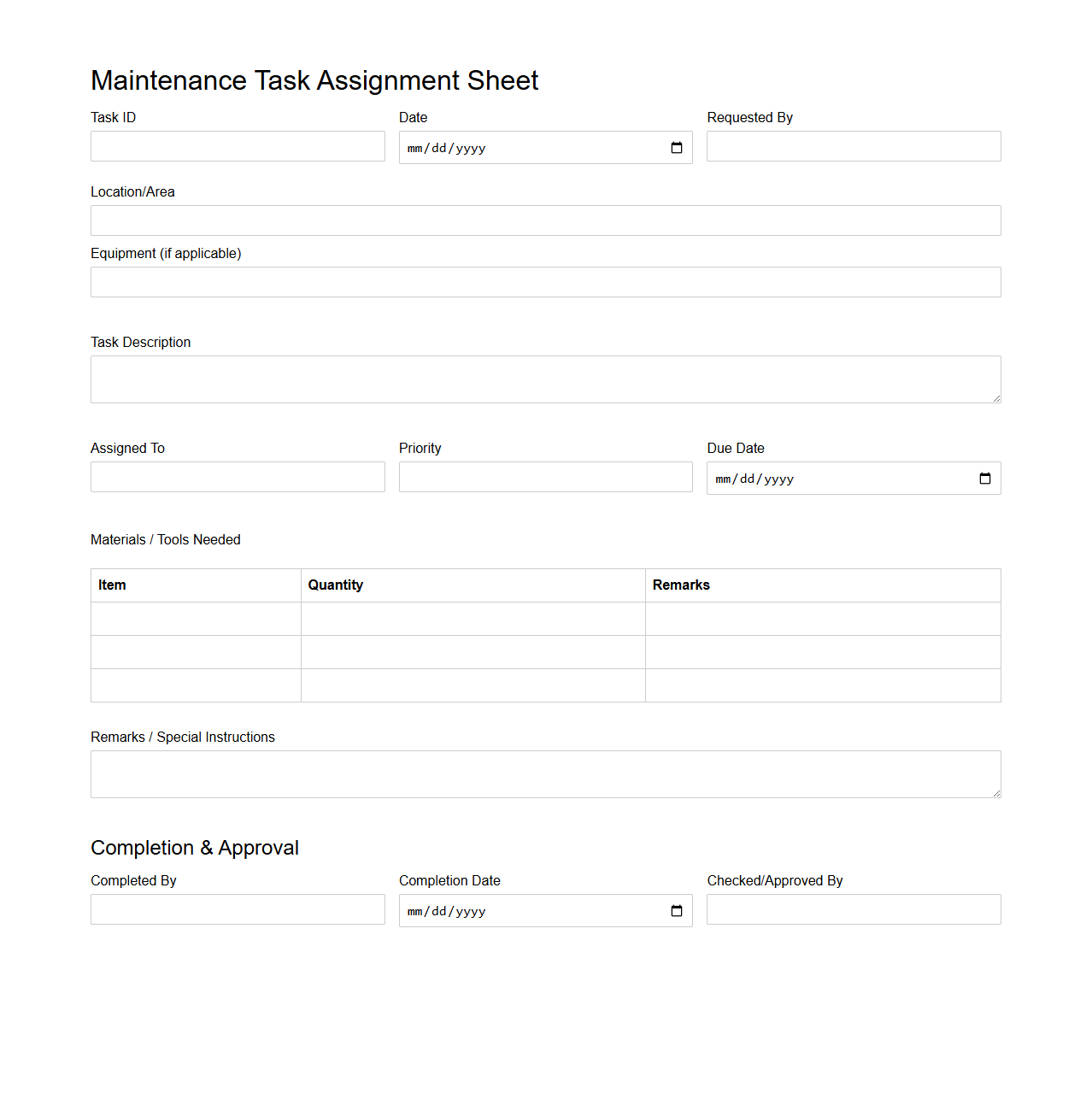 Maintenance Task Assignment Sheet Template
