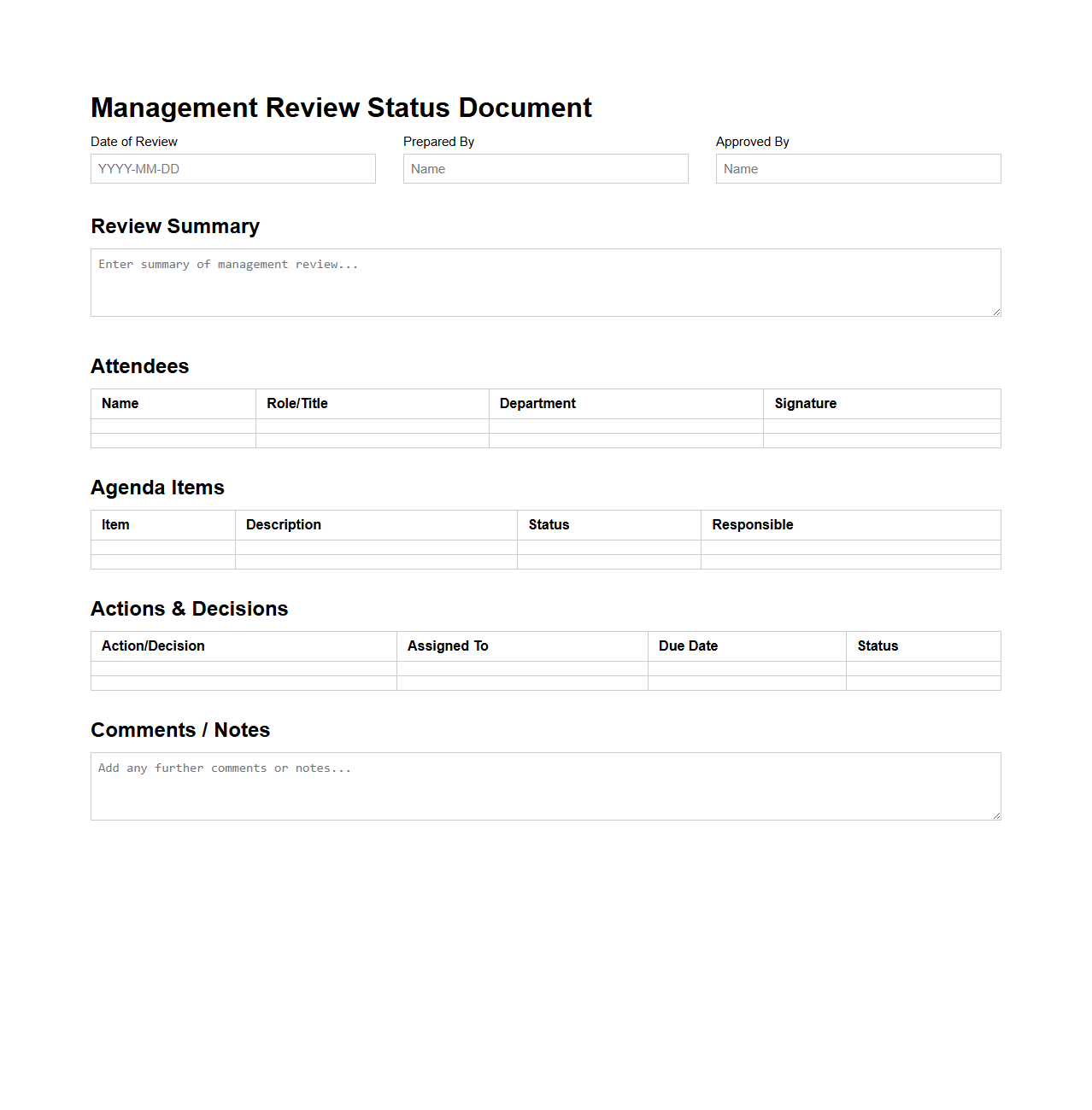 Management Review Status Document Template