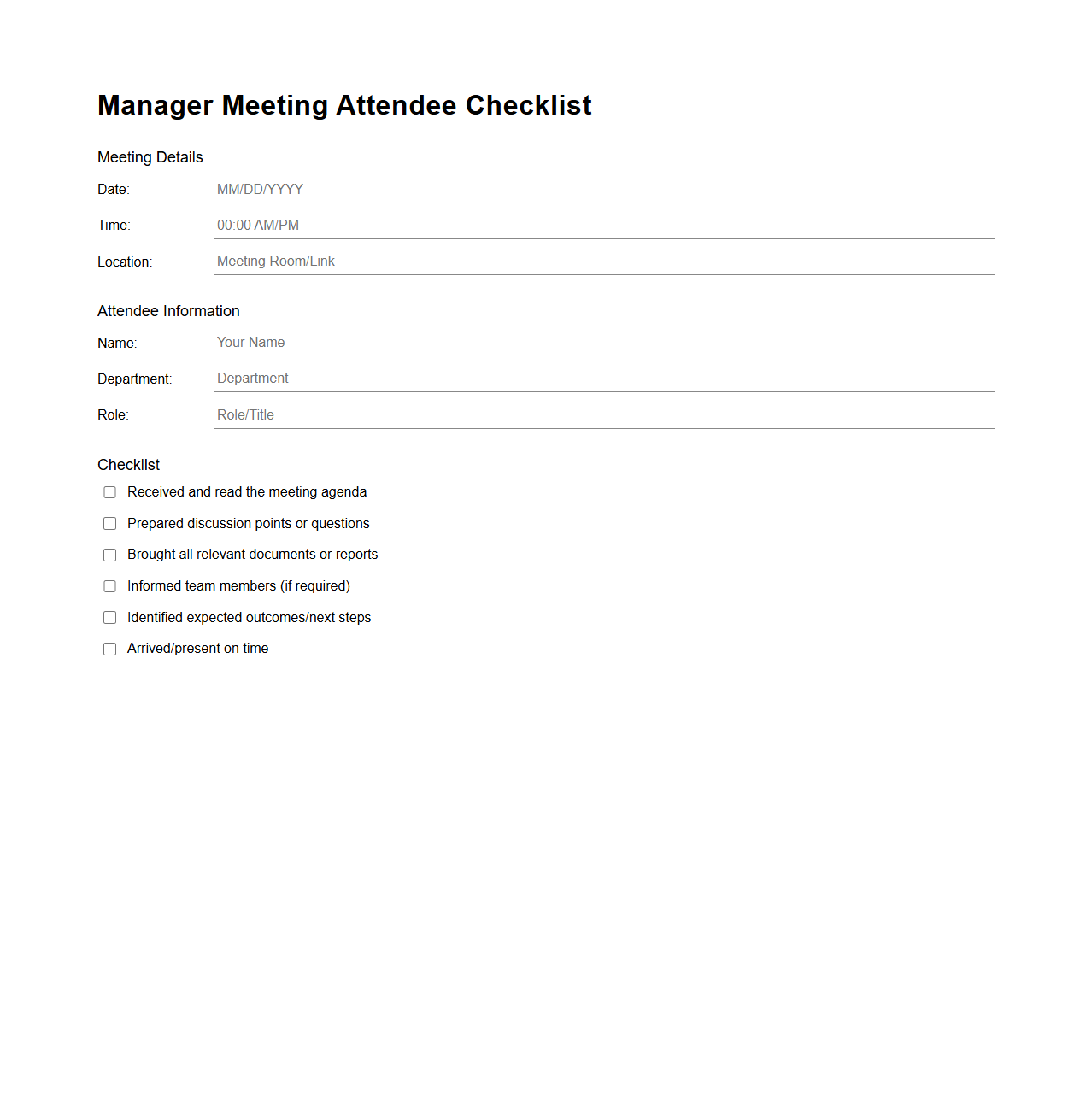 Manager Meeting Attendee Checklist