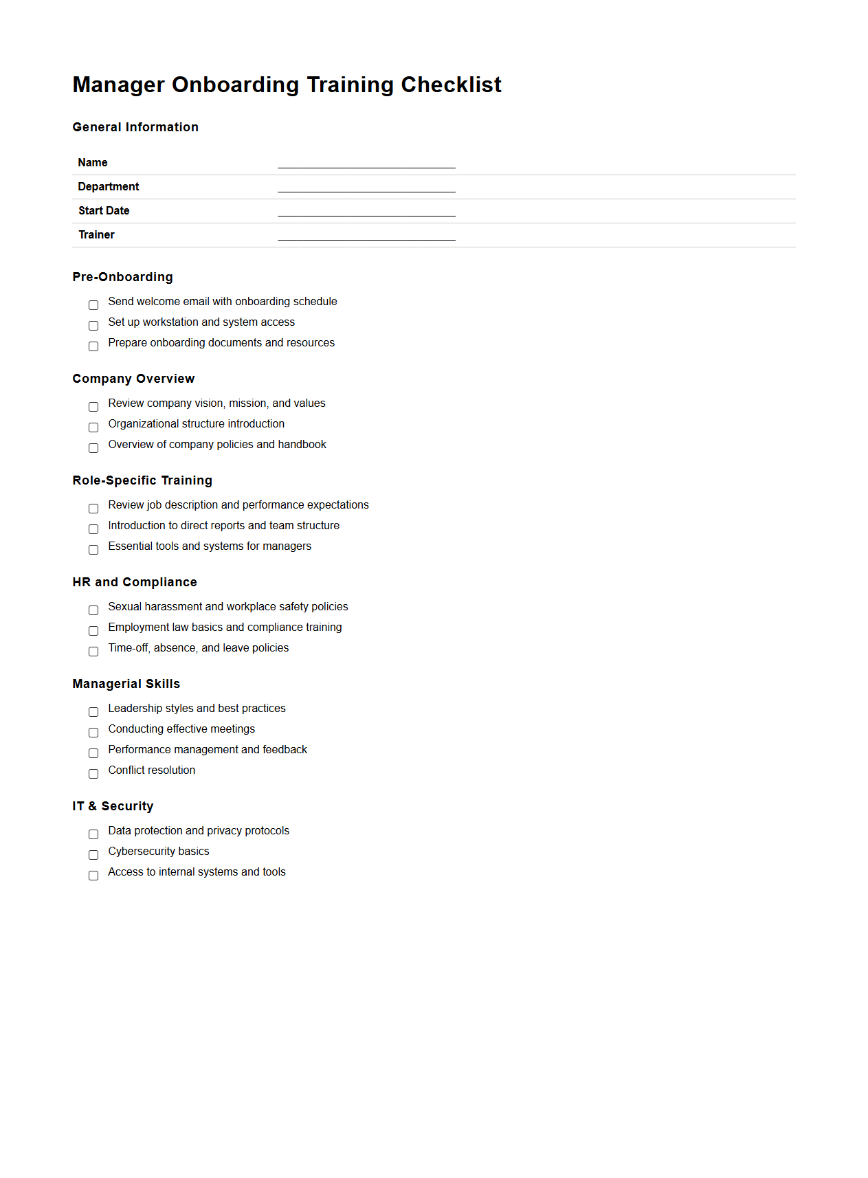 Manager Onboarding Training Checklist Template