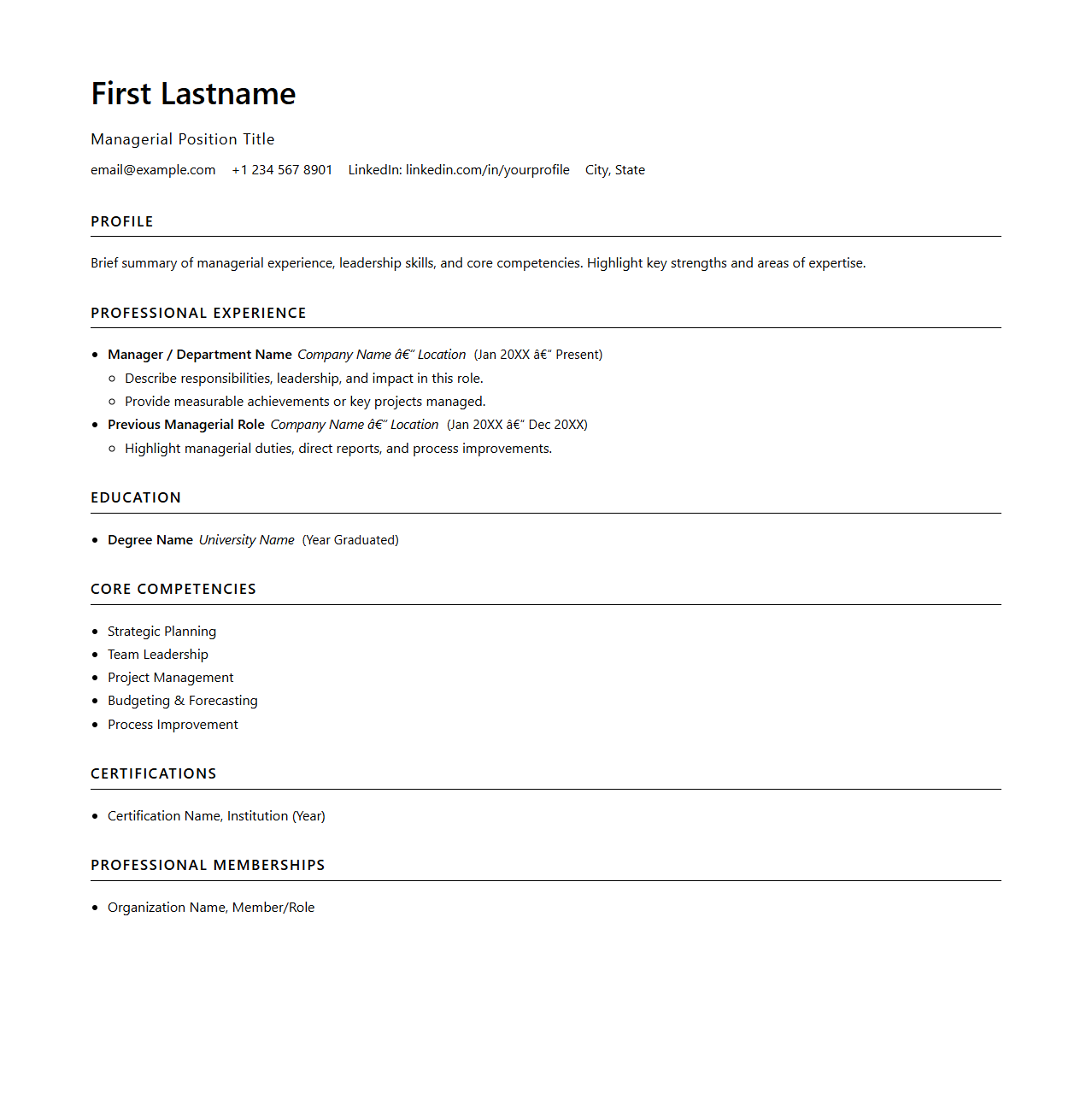 Managerial Resume Template