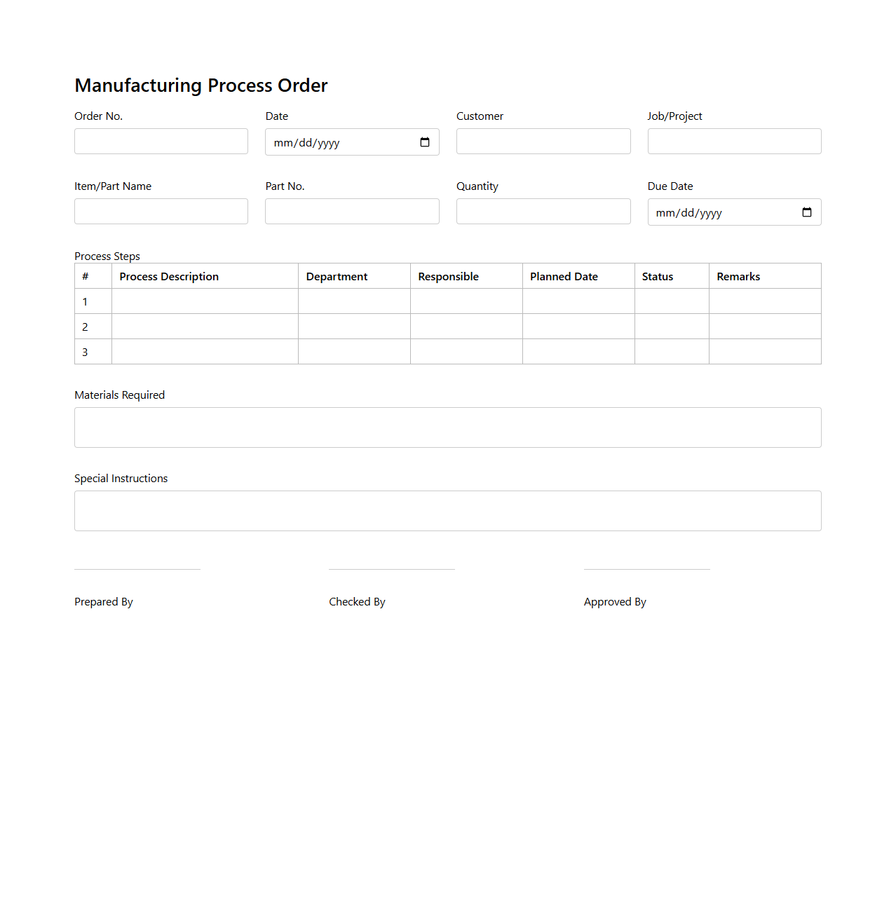Manufacturing Process Order Blank Layout