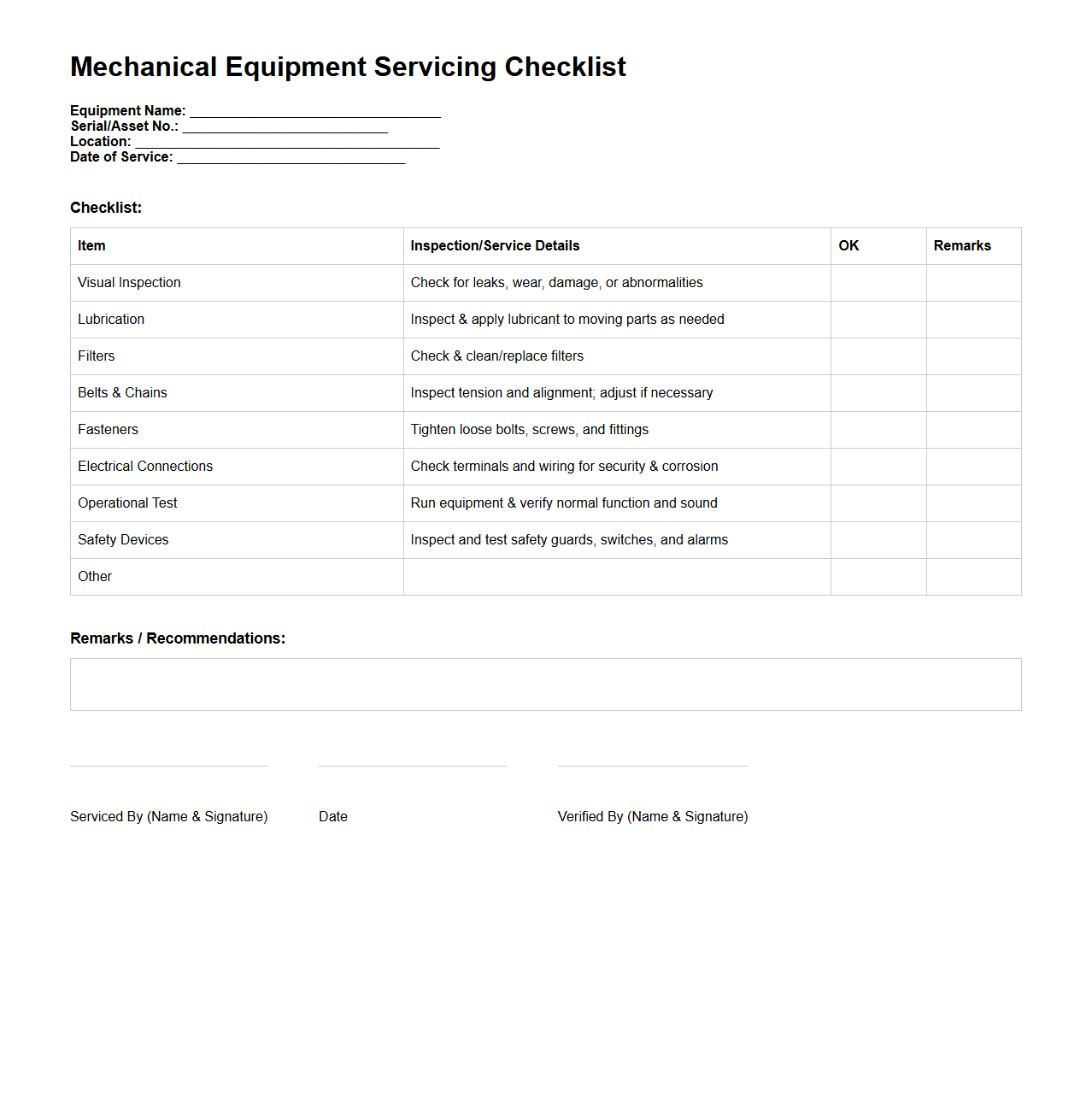 Mechanical Equipment Servicing Checklist