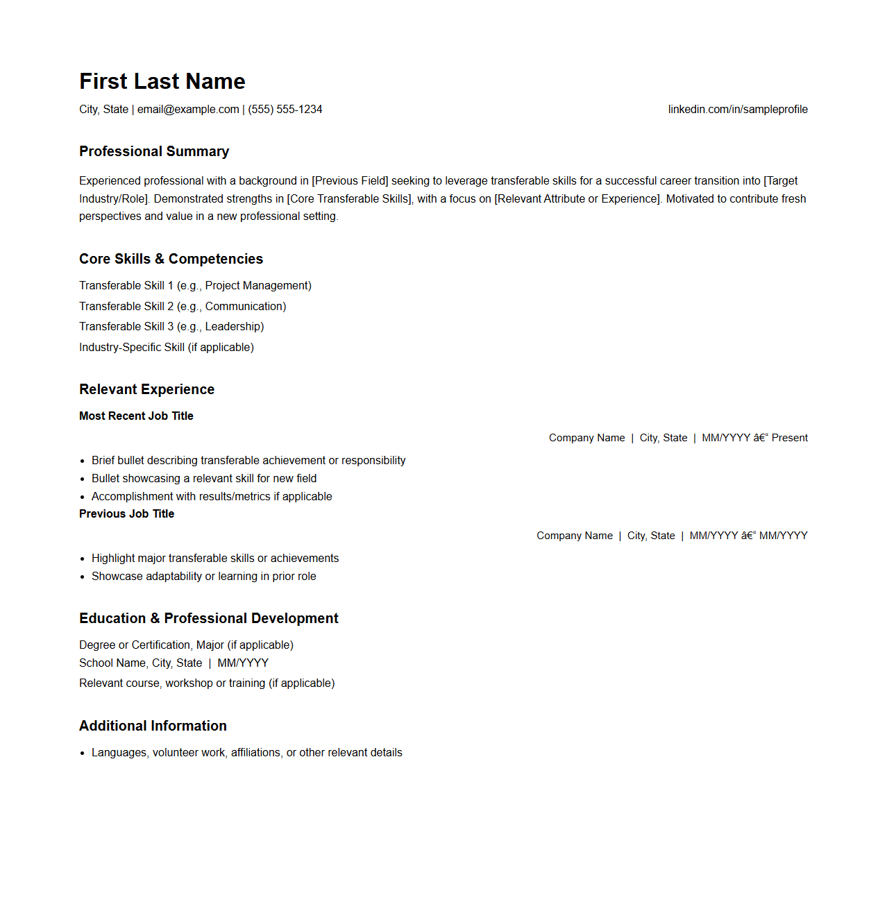 Midlife Career Transition Resume Template