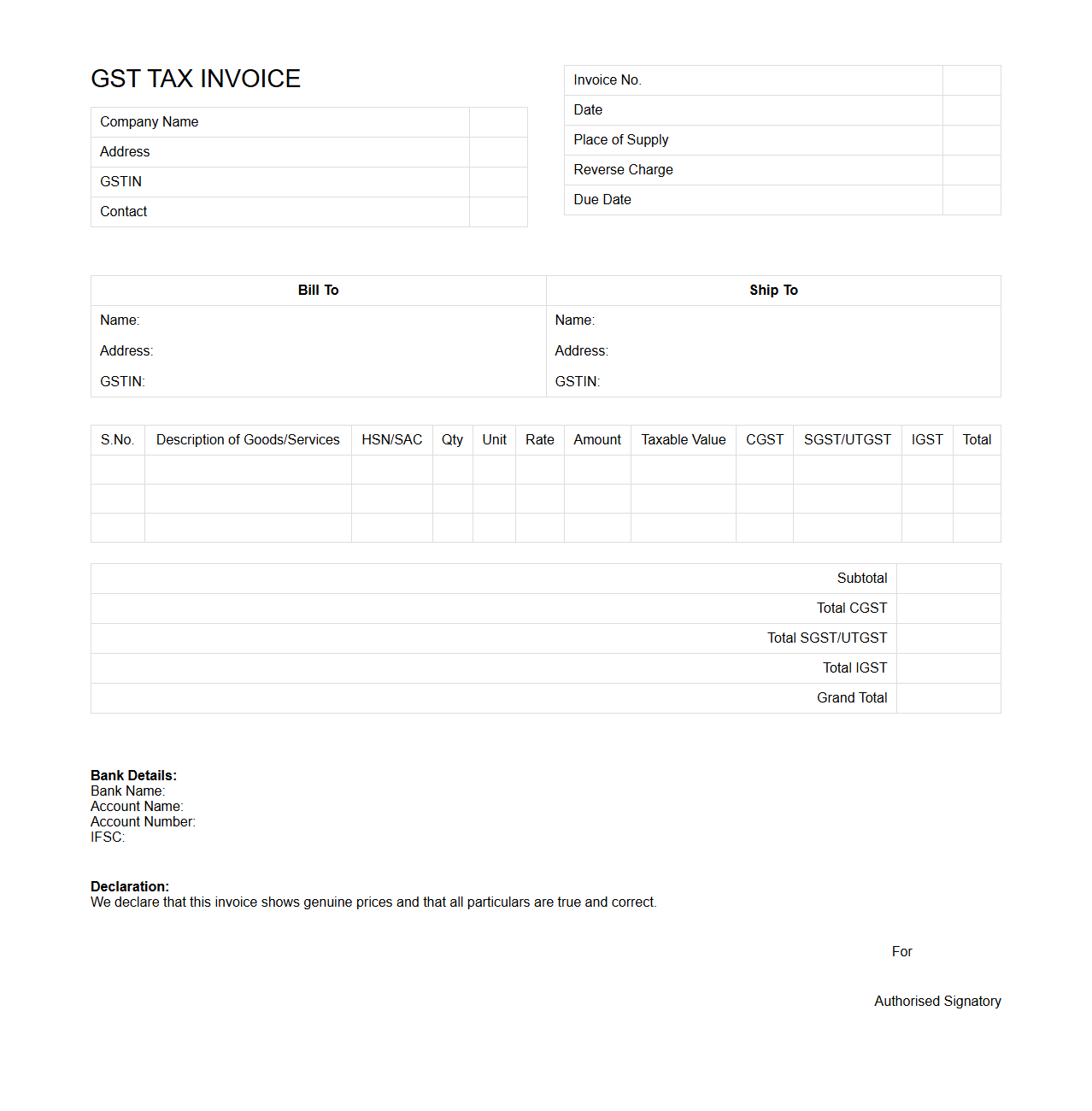 Minimal GST Tax Invoice Template Blank Sheet