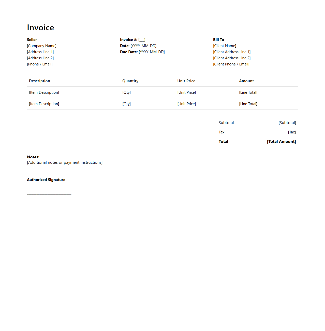 Minimalist Blank Invoice for Goods Sold