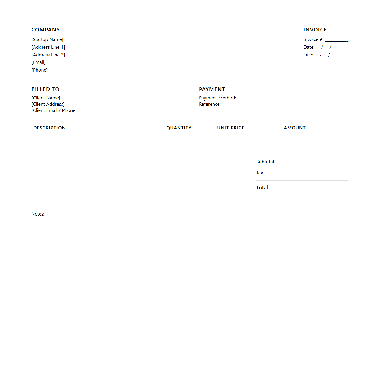 Minimalist Blank Invoice Receipt Format for Startups