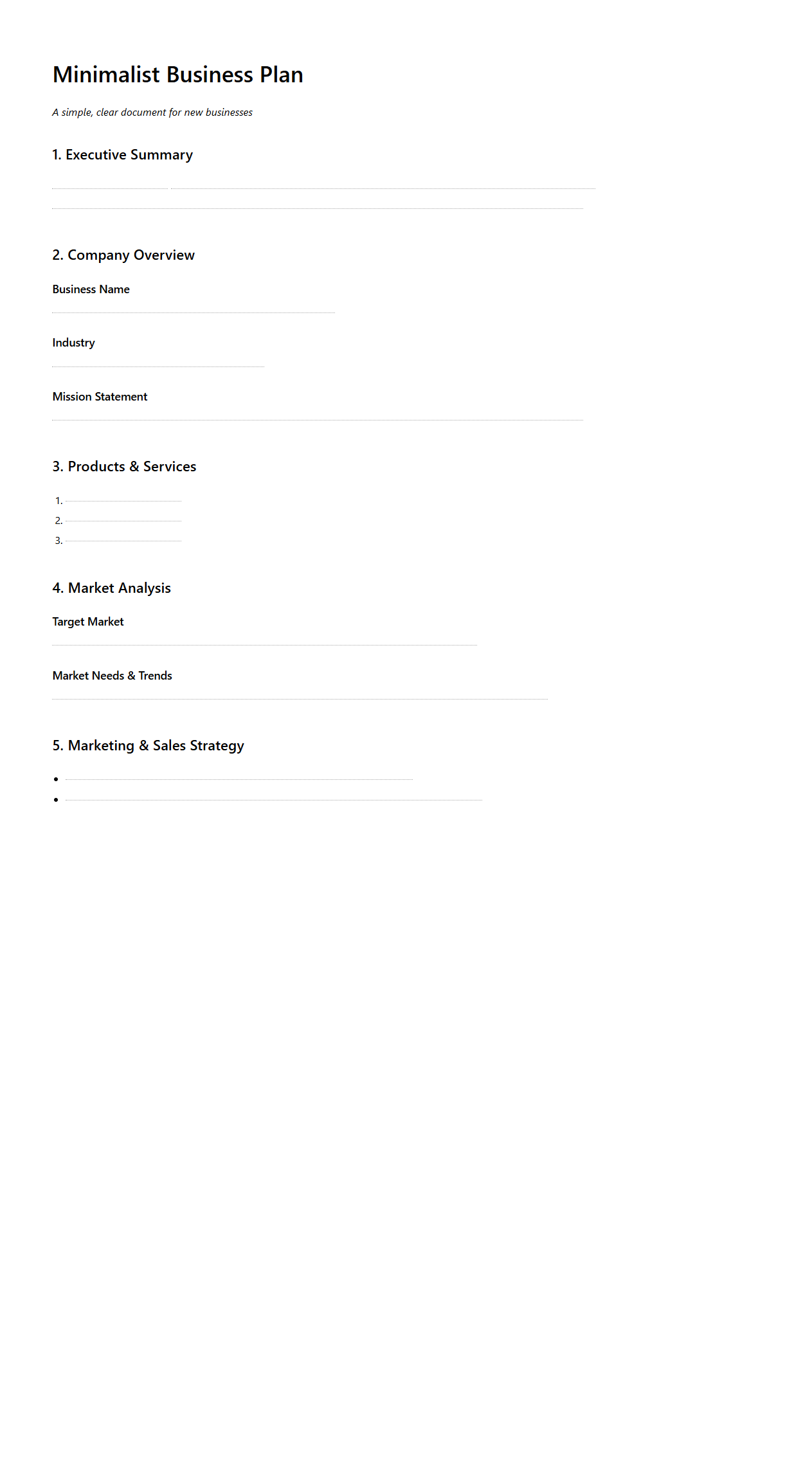 Minimalist Business Plan Document for New Businesses