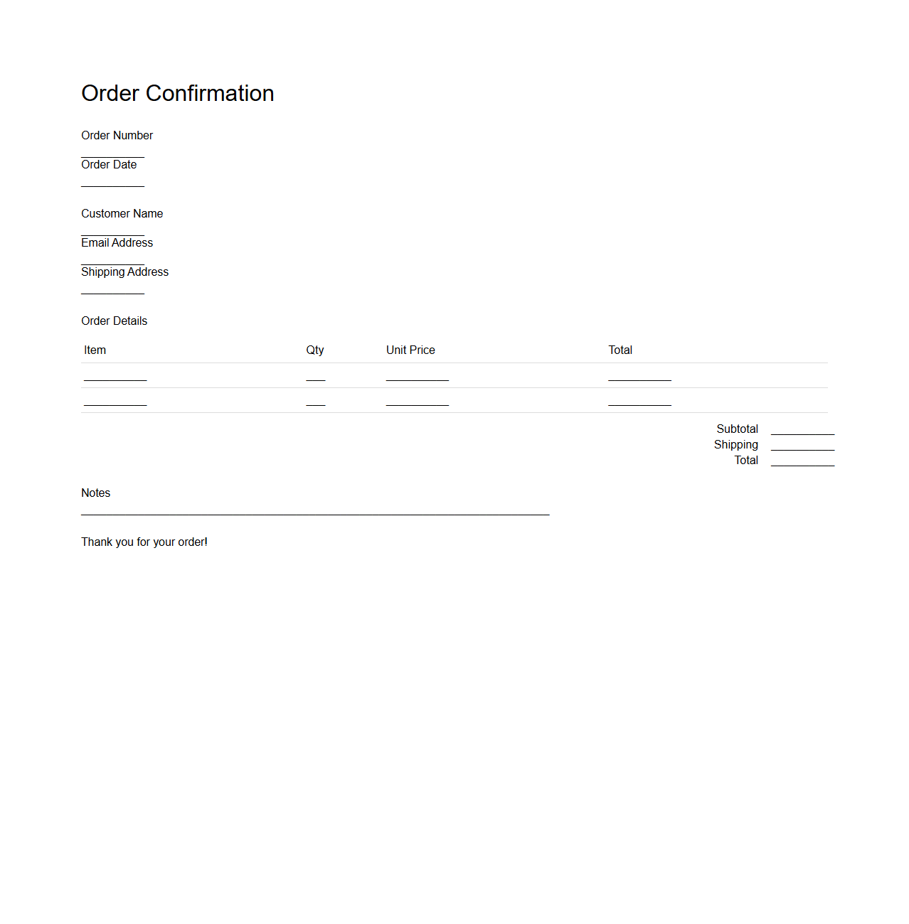 Minimalist Order Confirmation Acknowledgment Sheet