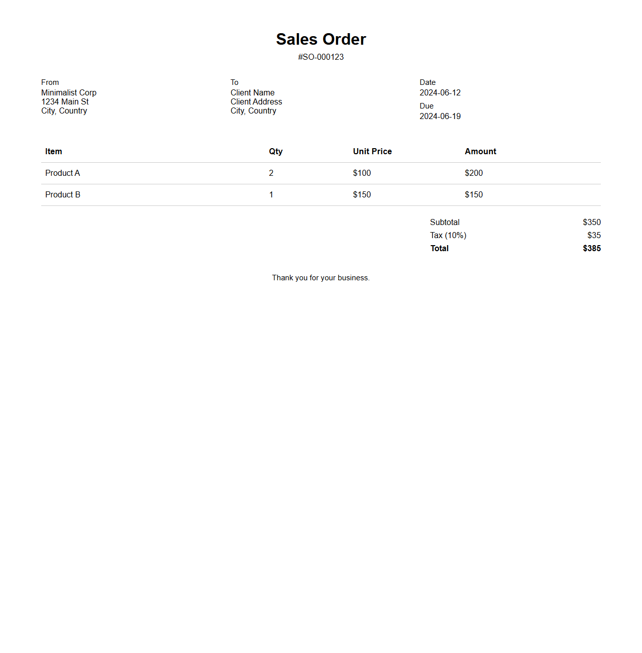 Minimalist Sales Order Layout