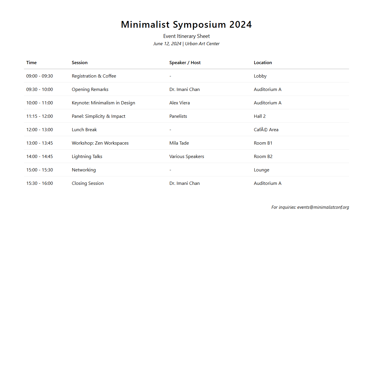 Minimalist Symposium Event Itinerary Sheet