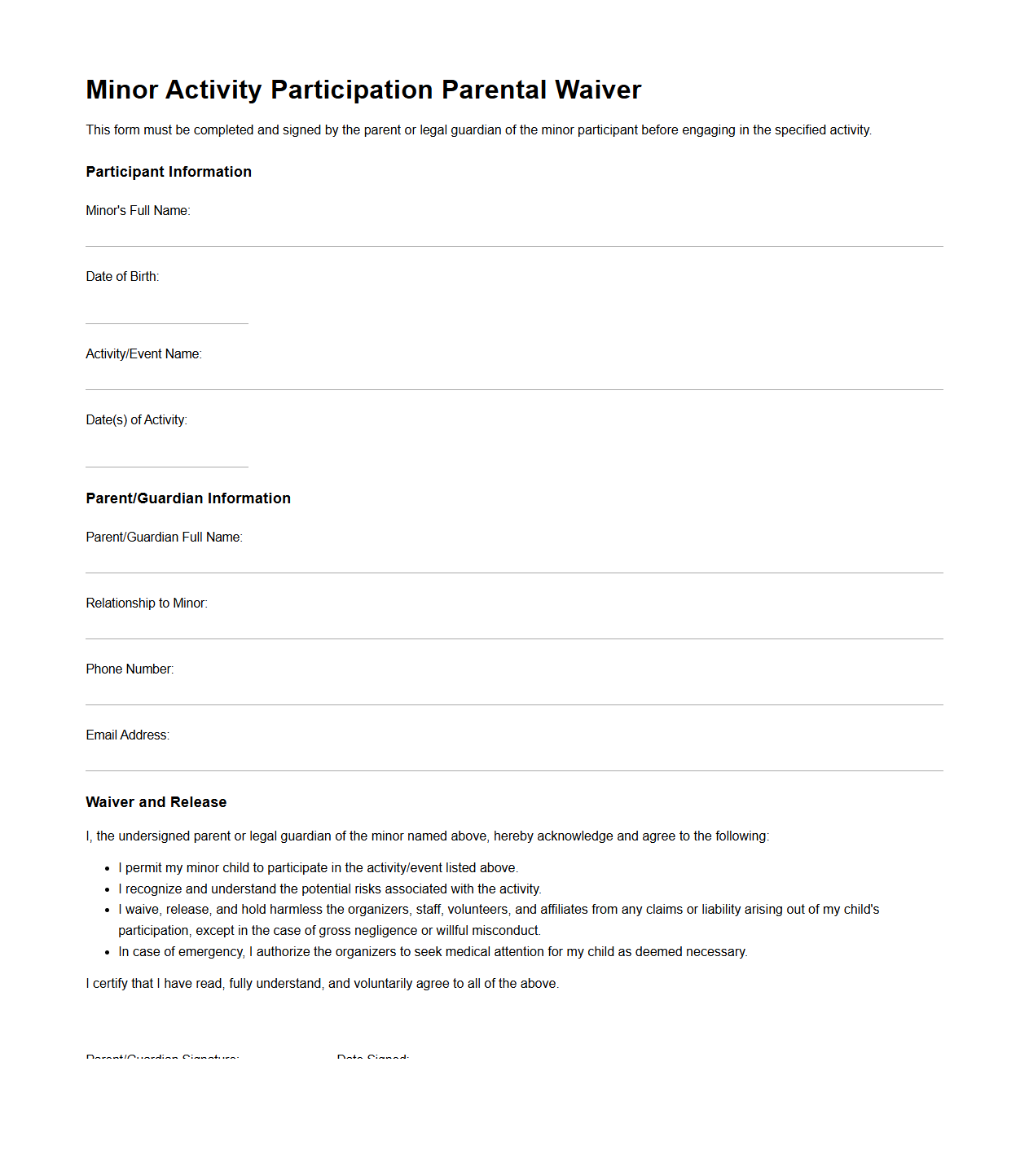 Minor Activity Participation Parental Waiver Template