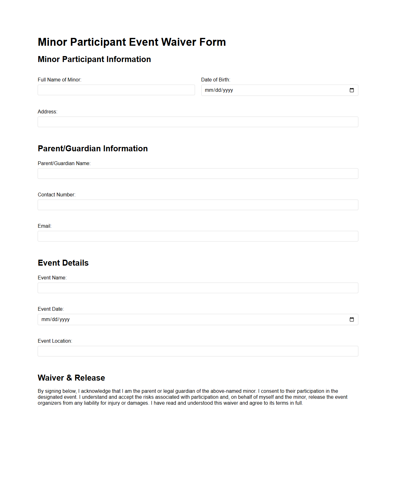 Minor Participant Event Waiver Form