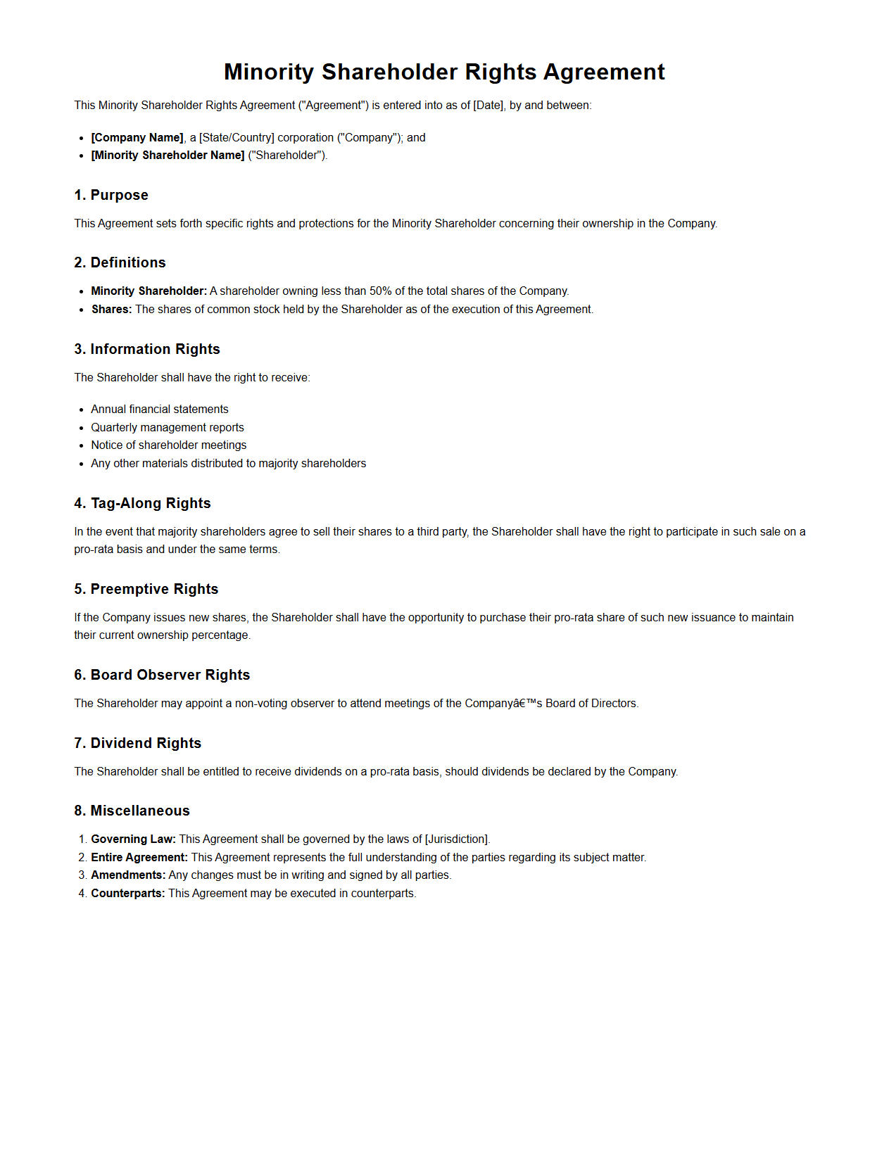 Minority Shareholder Rights Agreement Template