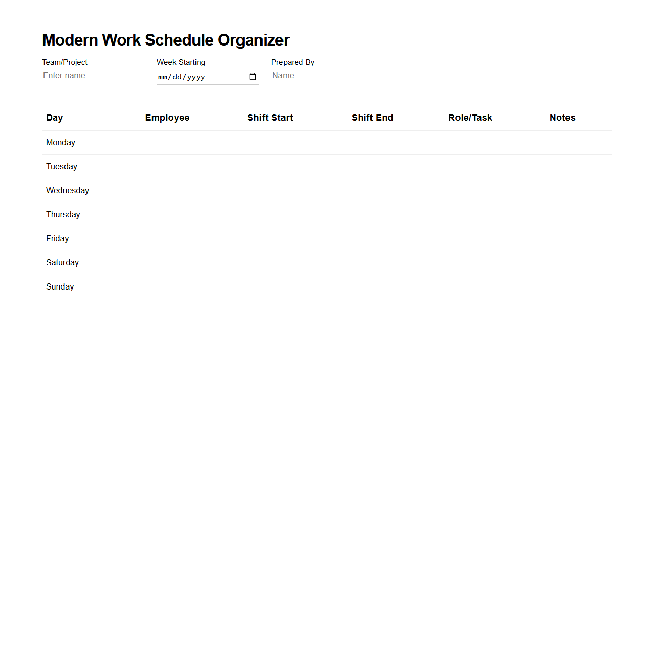 Modern Work Schedule Organizer Template