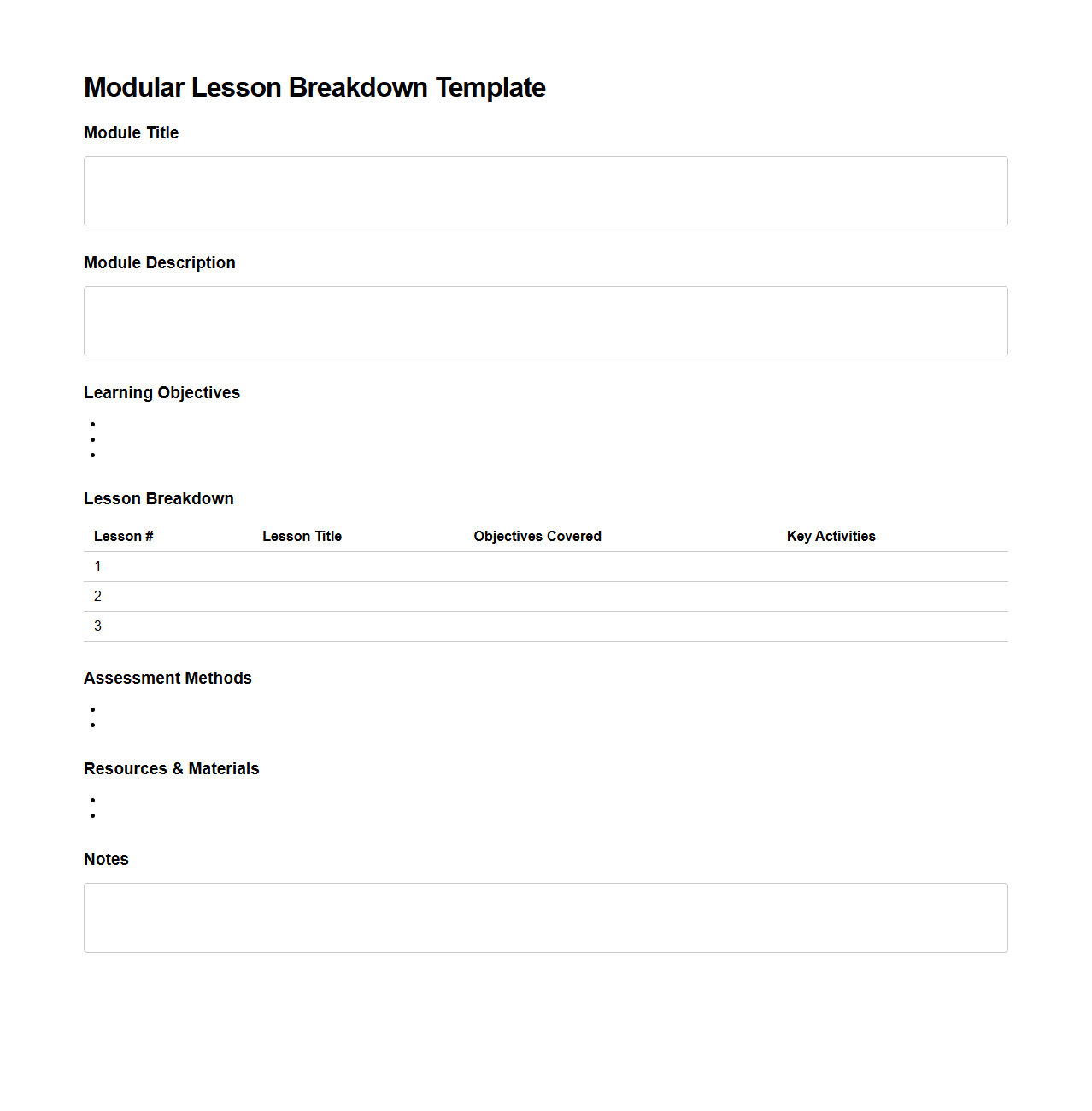 Modular Lesson Breakdown Template for Curriculum