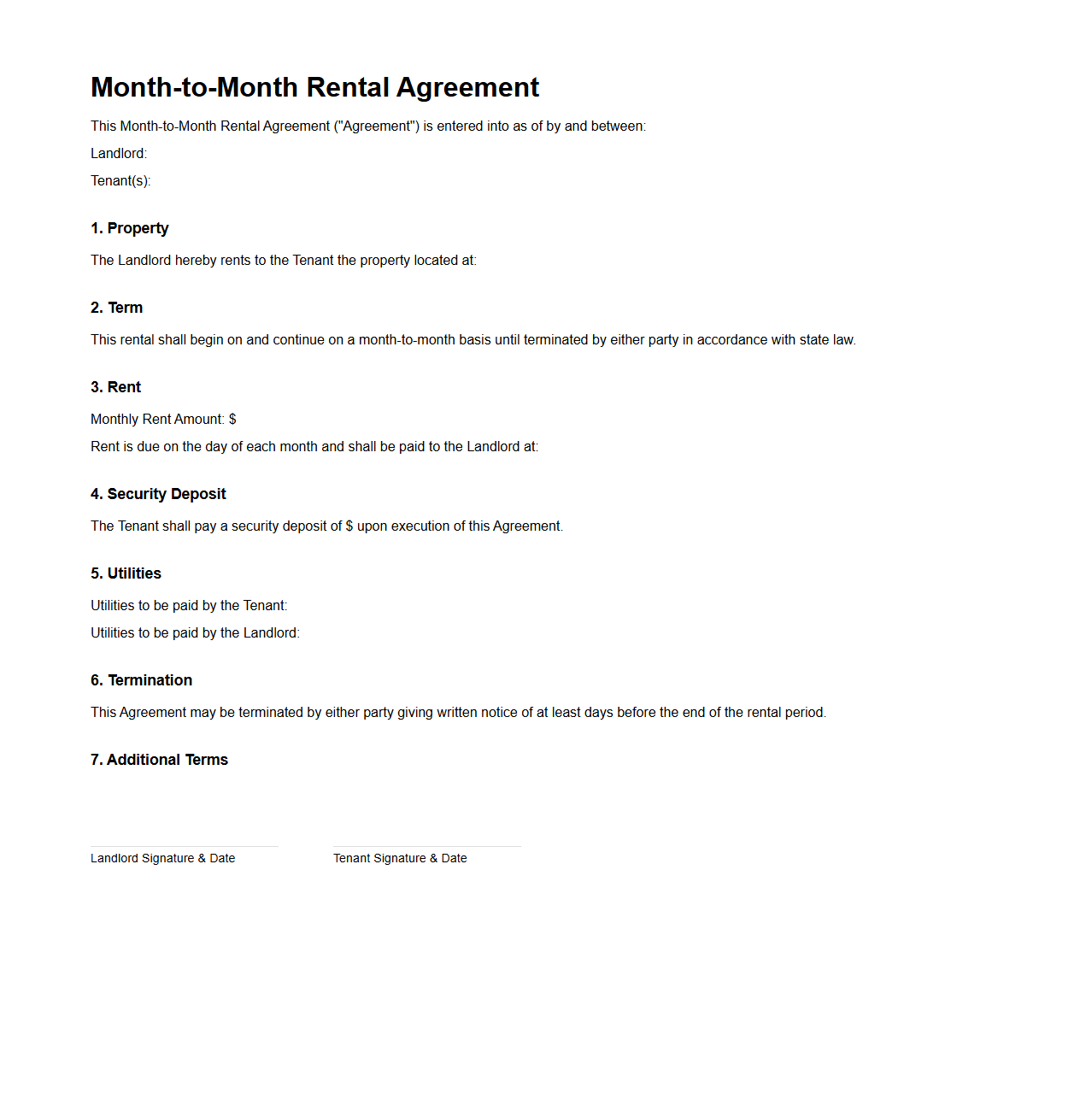 Month-to-Month Rental Agreement Sample