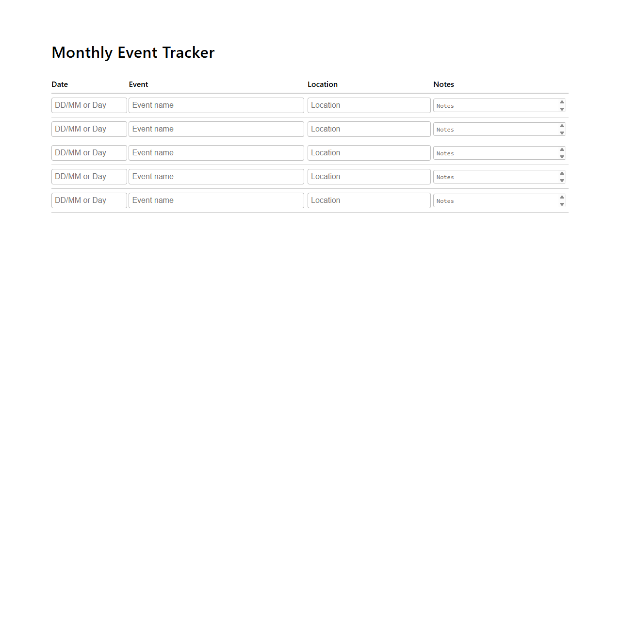 Monthly Event Tracker Template