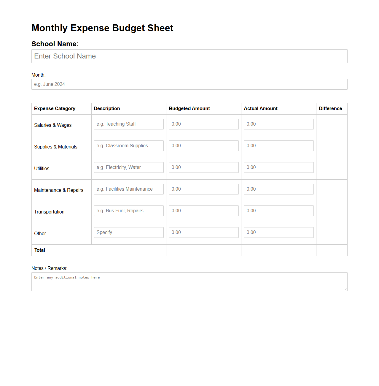 Monthly Expense Budget Sheet for Schools