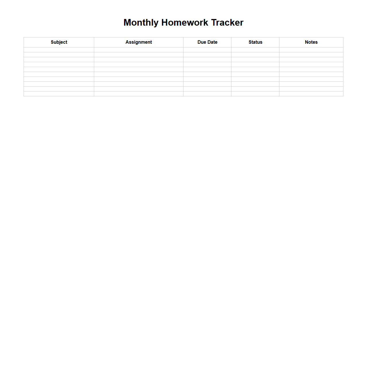 Monthly Homework Tracker for Students