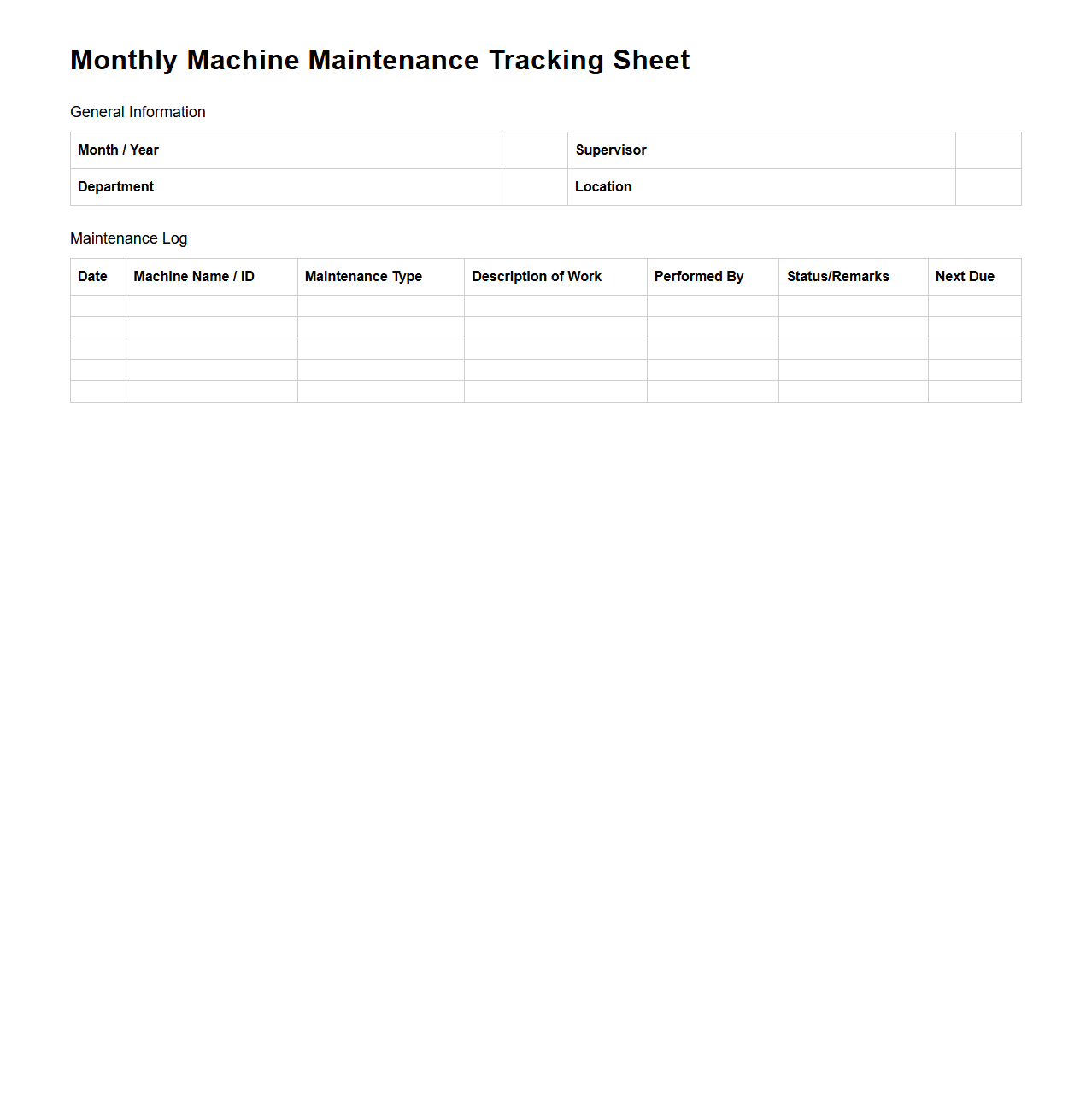 Monthly Machine Maintenance Tracking Sheet