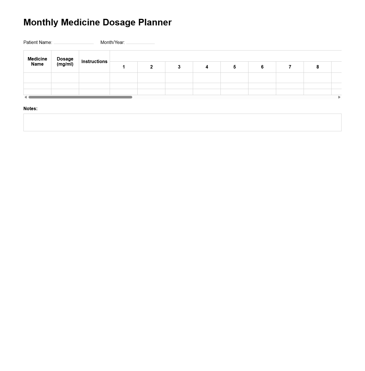 Monthly Medicine Dosage Planner Blank Sheet
