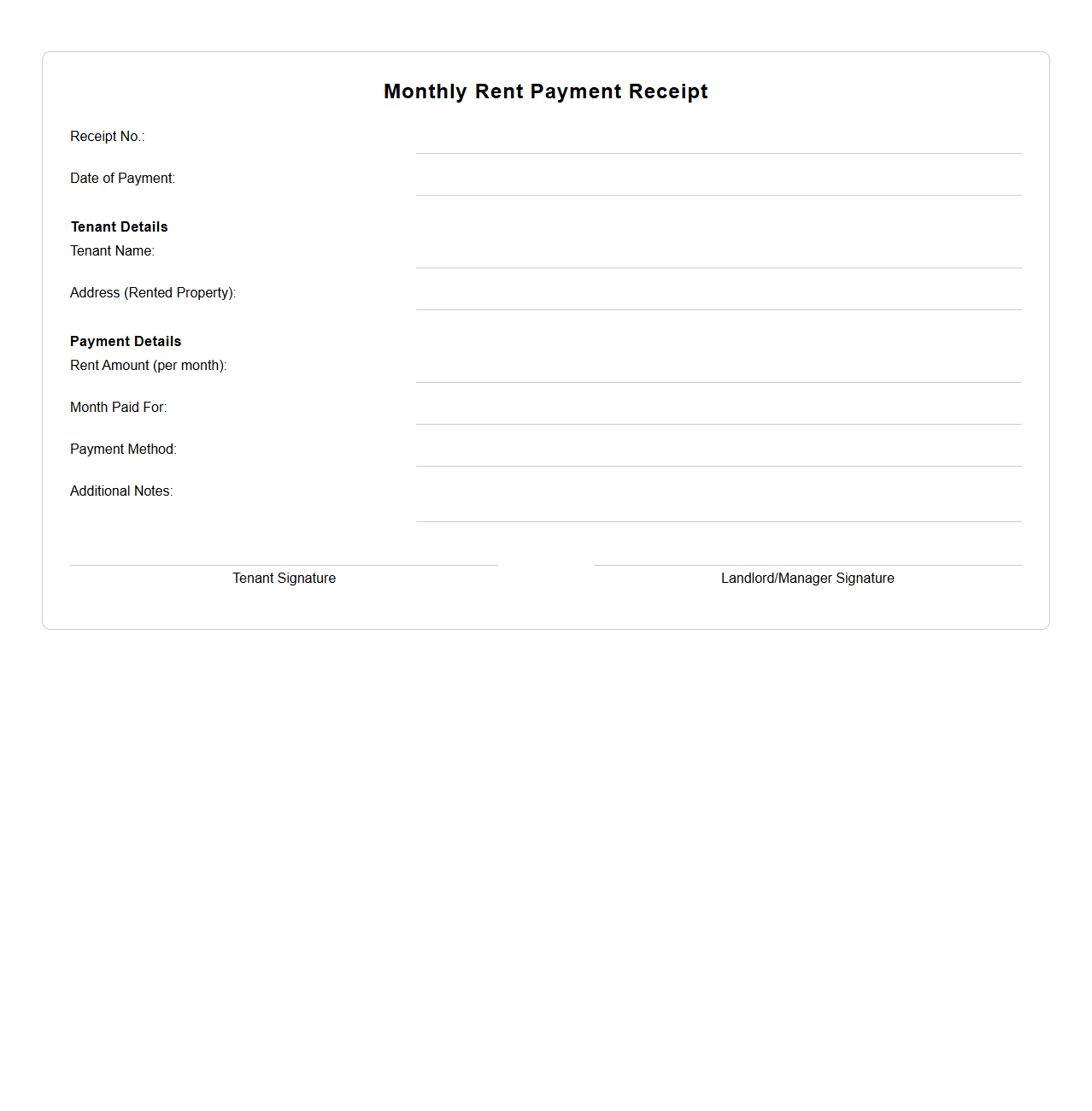 Monthly Rent Payment Receipt Template