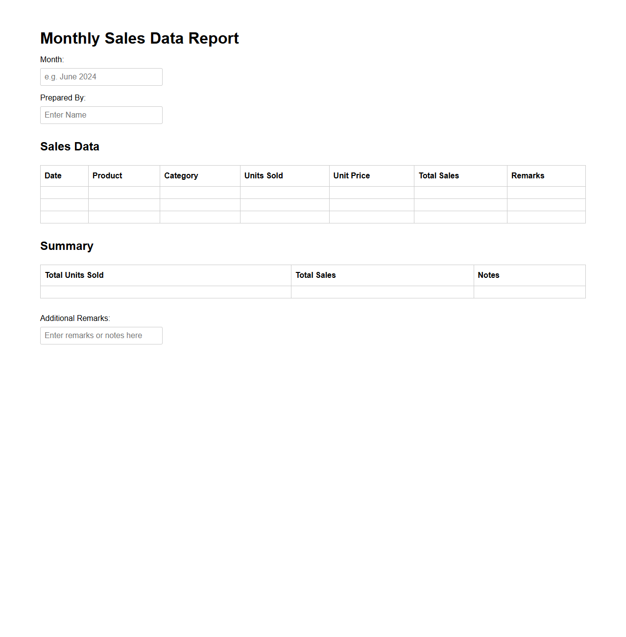 Monthly Sales Data Report Template Blank