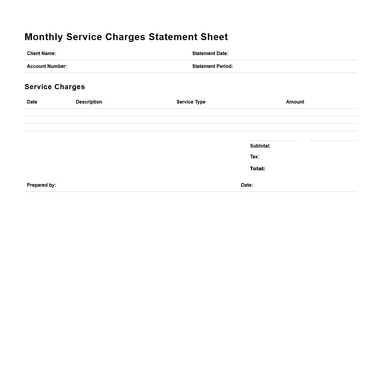 Monthly Service Charges Statement Sheet