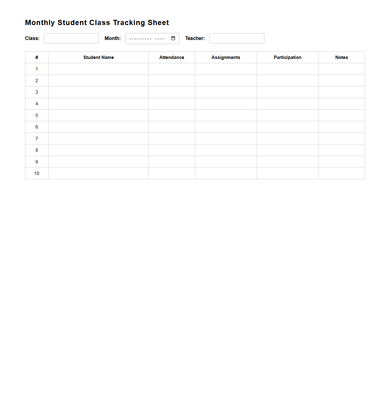 Monthly Student Class Tracking Sheet