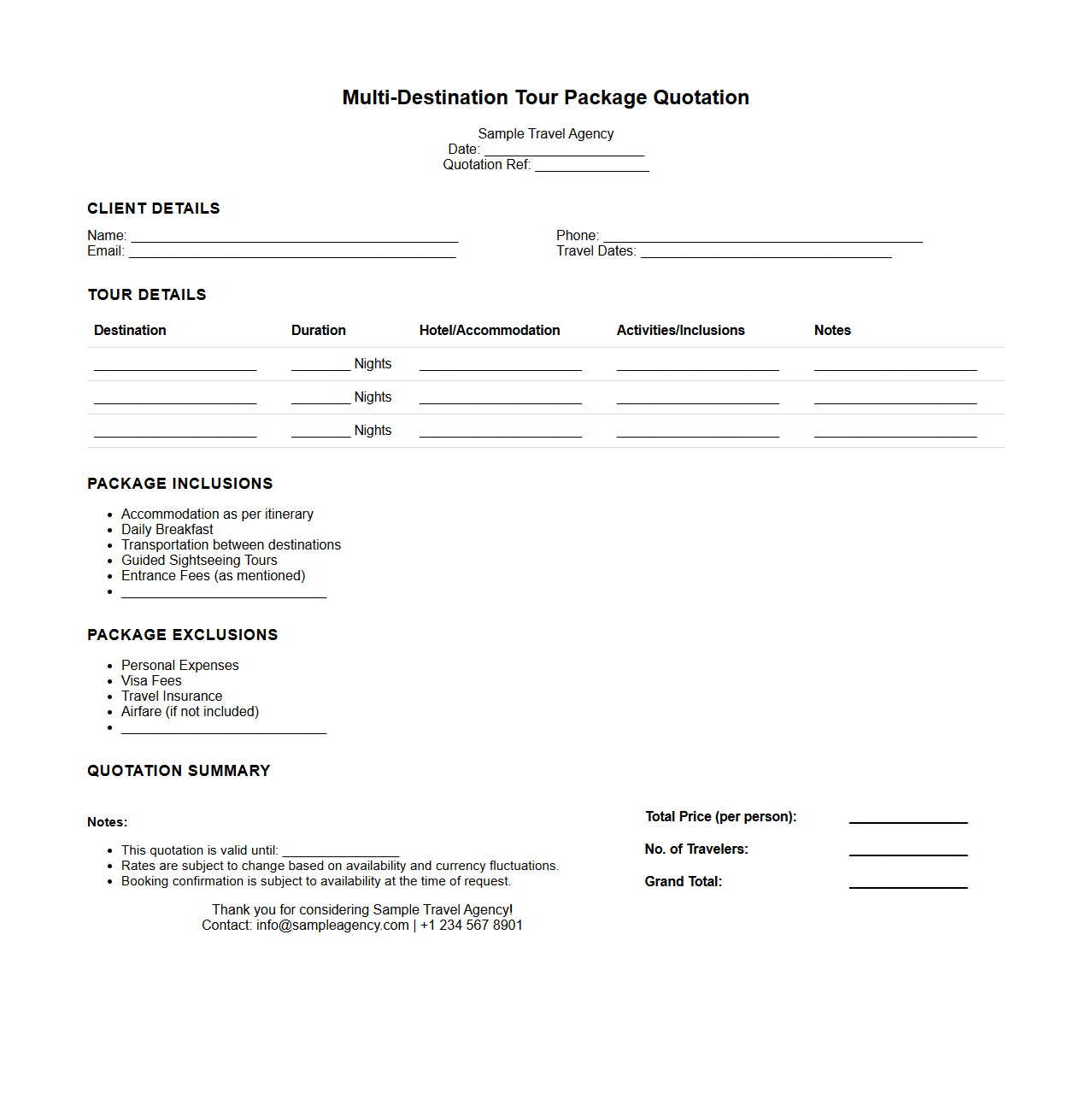 Multi-Destination Tour Package Quotation Template