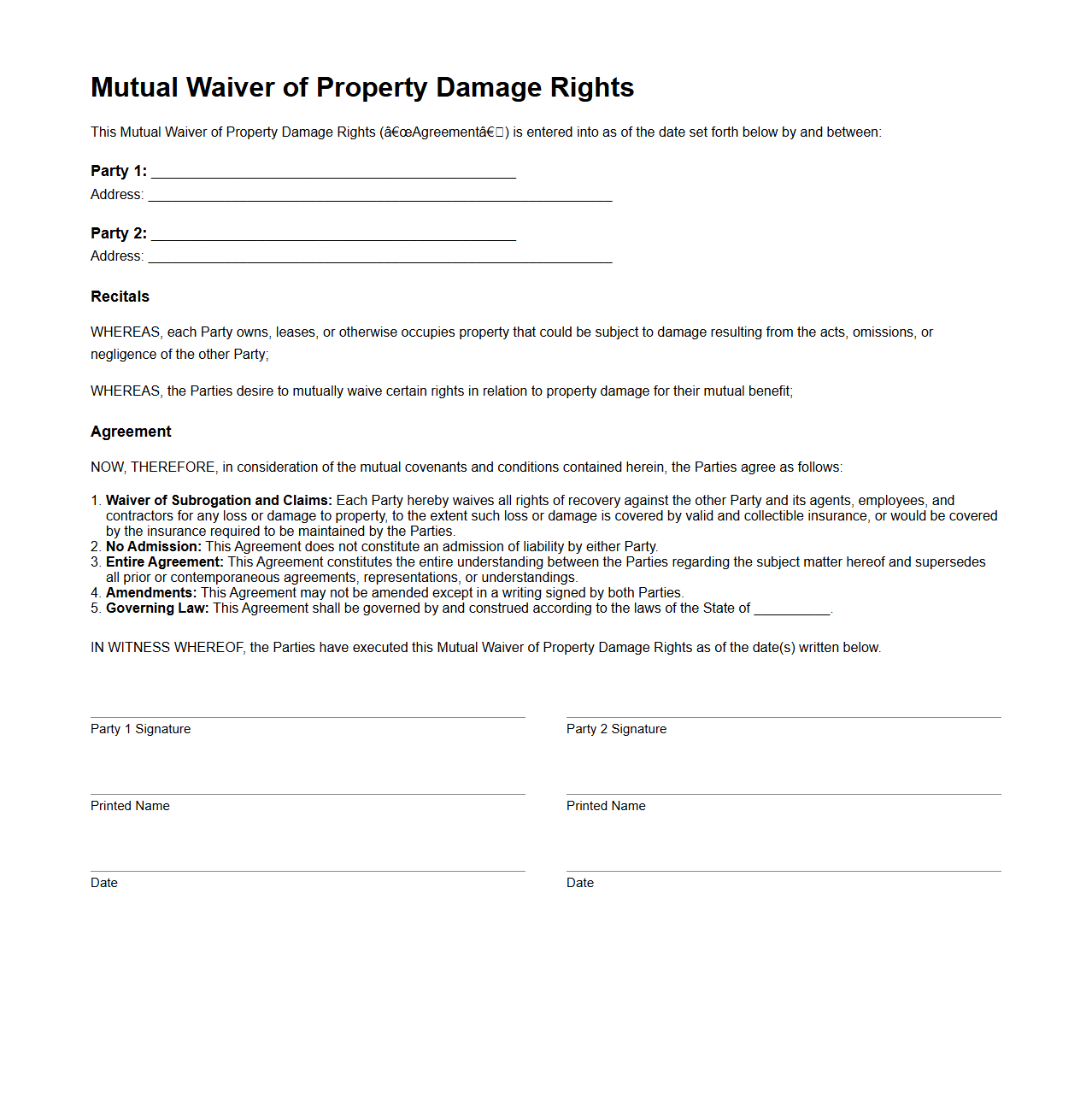 Mutual Waiver of Property Damage Rights