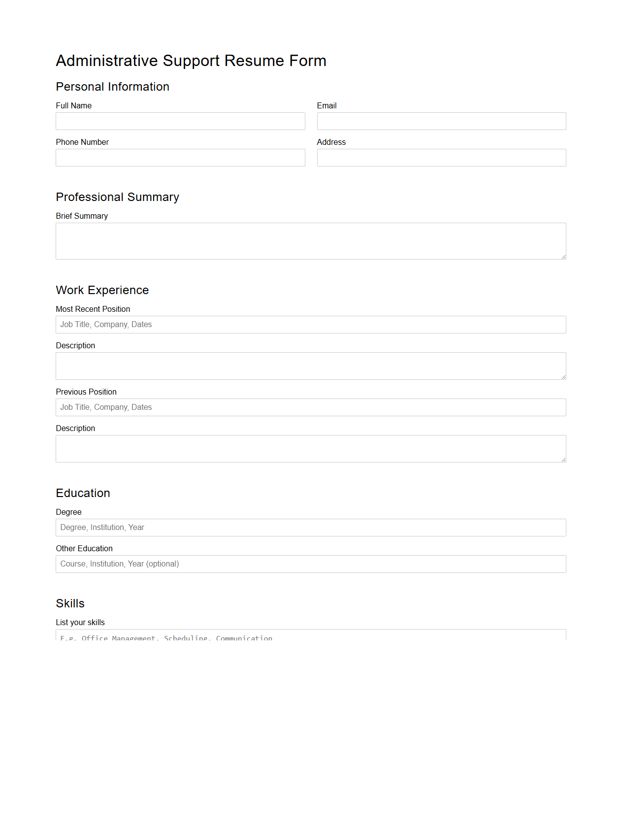 Neat Administrative Support Resume Form