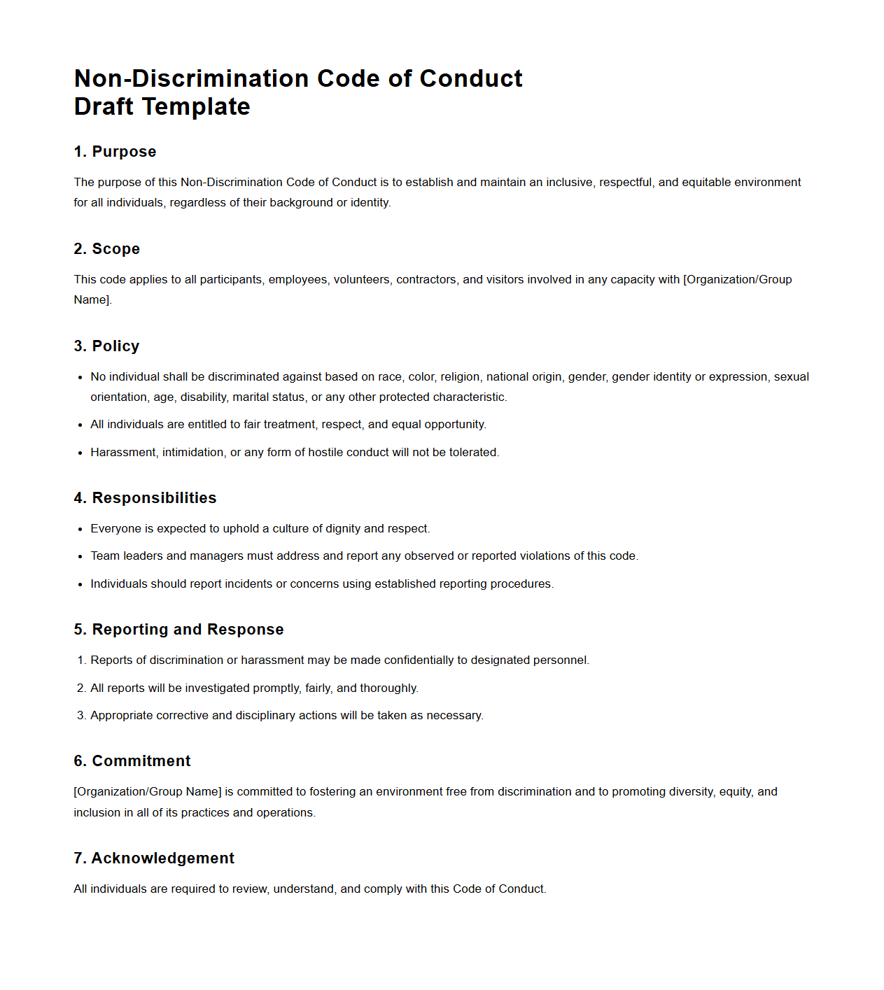 Non-Discrimination Code of Conduct Draft Template