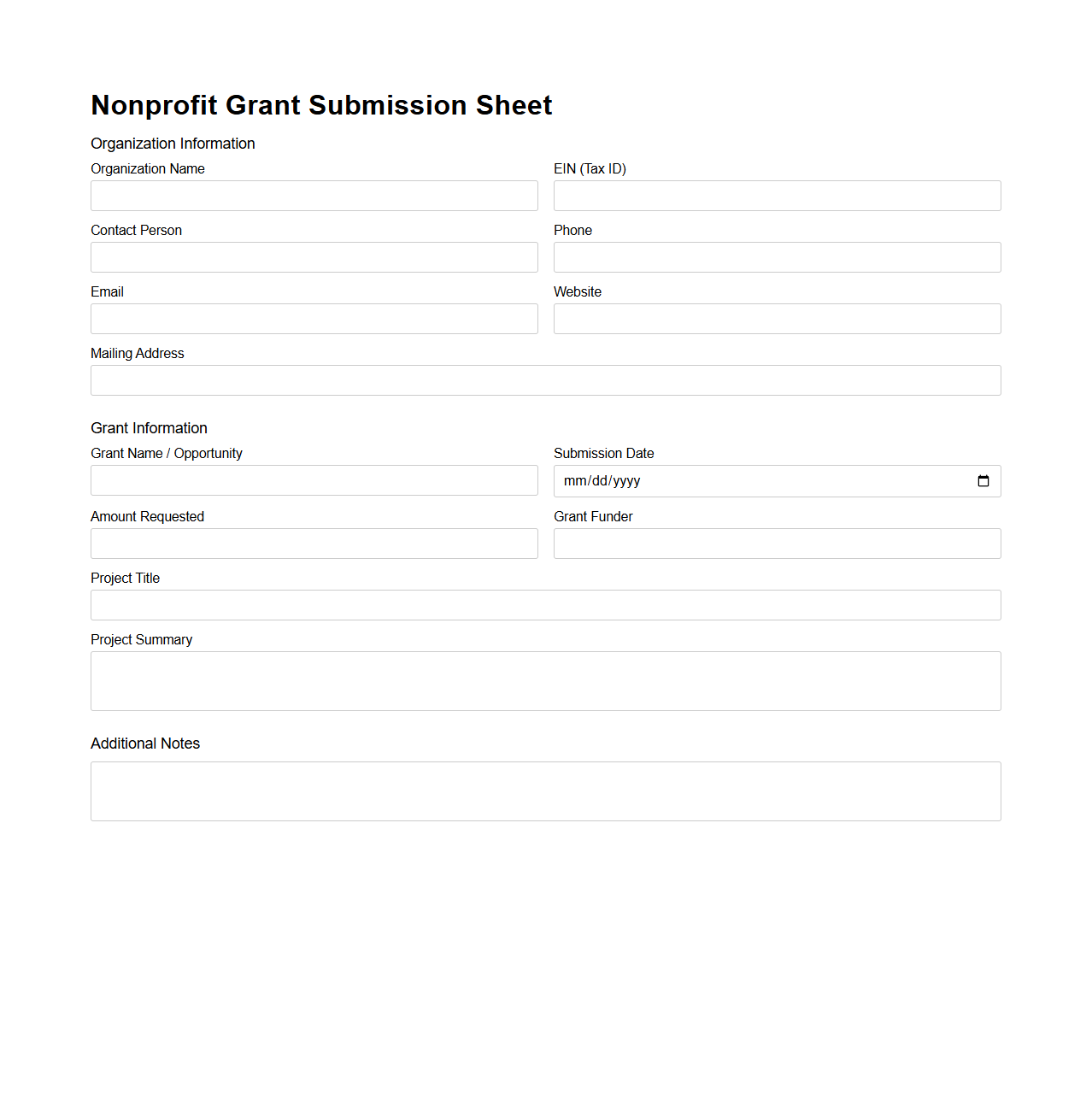 Nonprofit Grant Submission Sheet