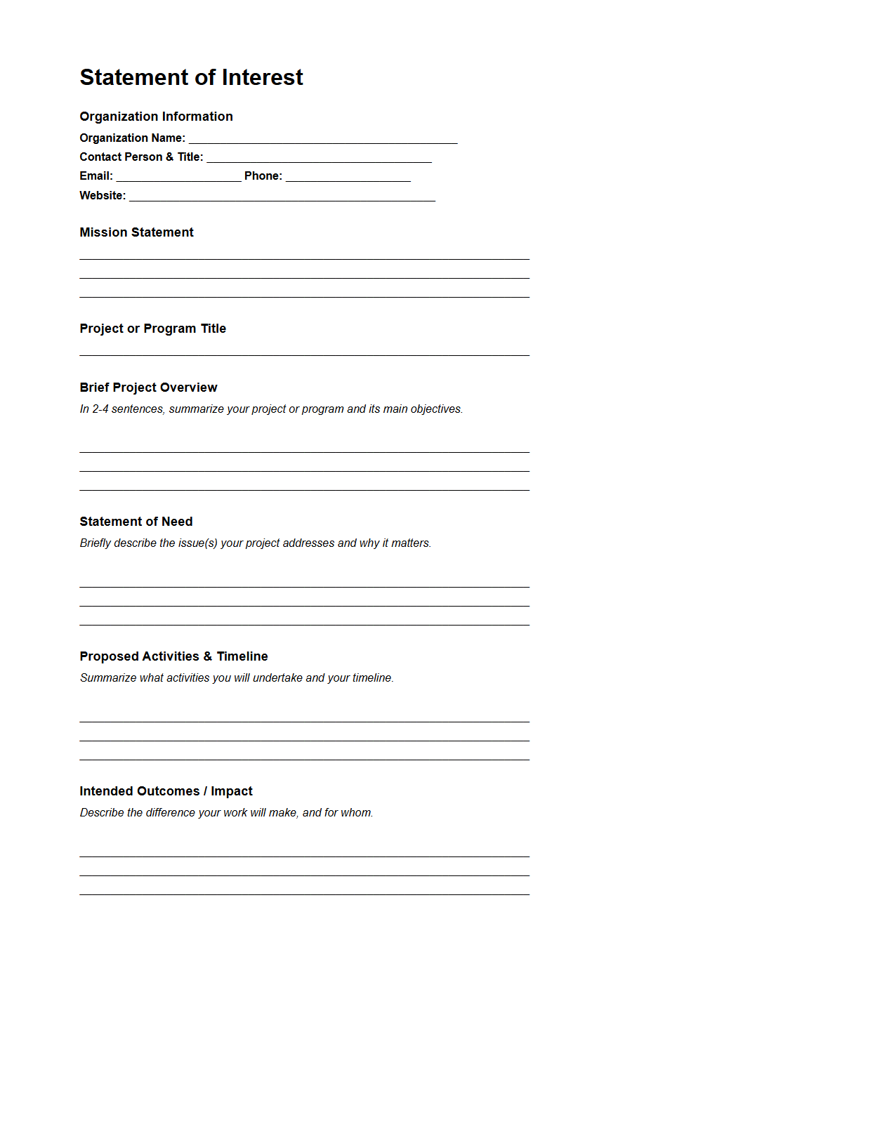 Nonprofit Statement of Interest Template for Grant Requests
