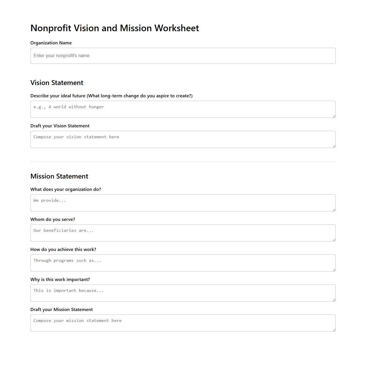 Nonprofit Vision and Mission Worksheet