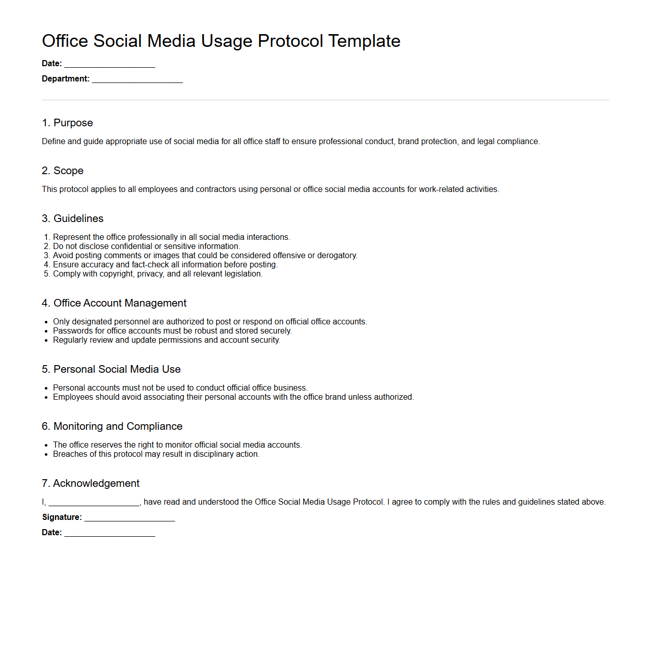 Office Social Media Usage Protocol Template